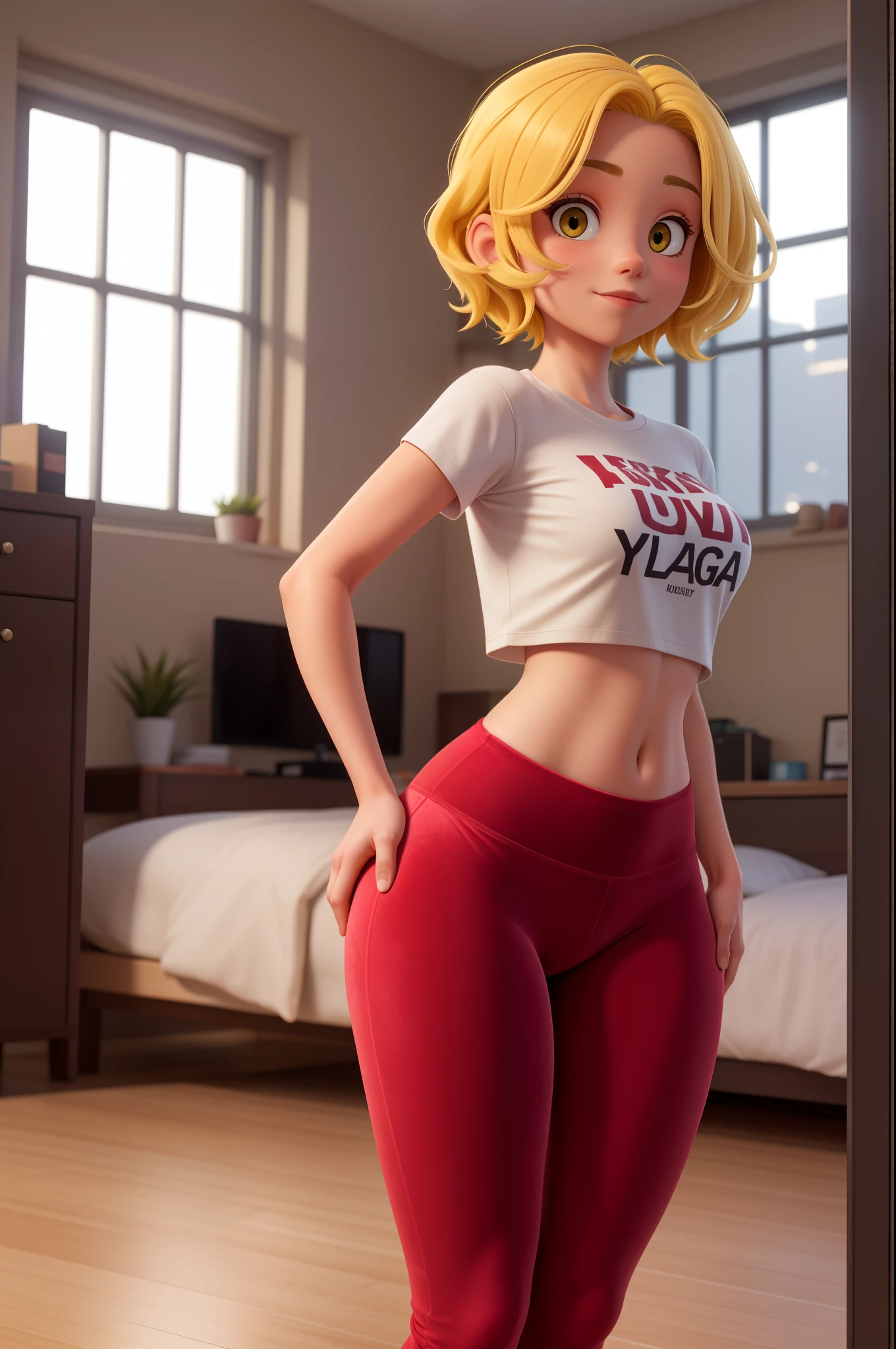 girl,short yellow hair,velvet red yoga pant,t-shirt,thick thighs, thin hips,in the room
