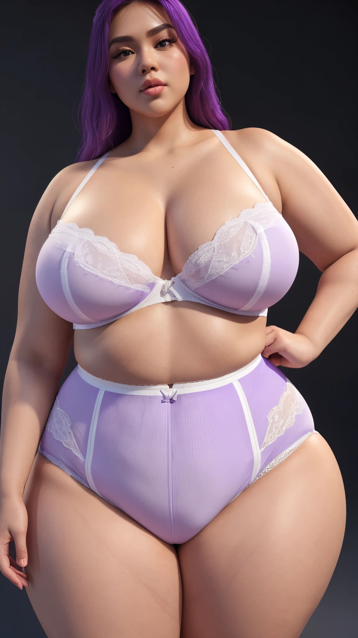 240 lbs bbw malay, big ,(( high waist white purple underwear)), big upper arms, fresh colour dominant,lighting ((#FEE3D4 skin color)