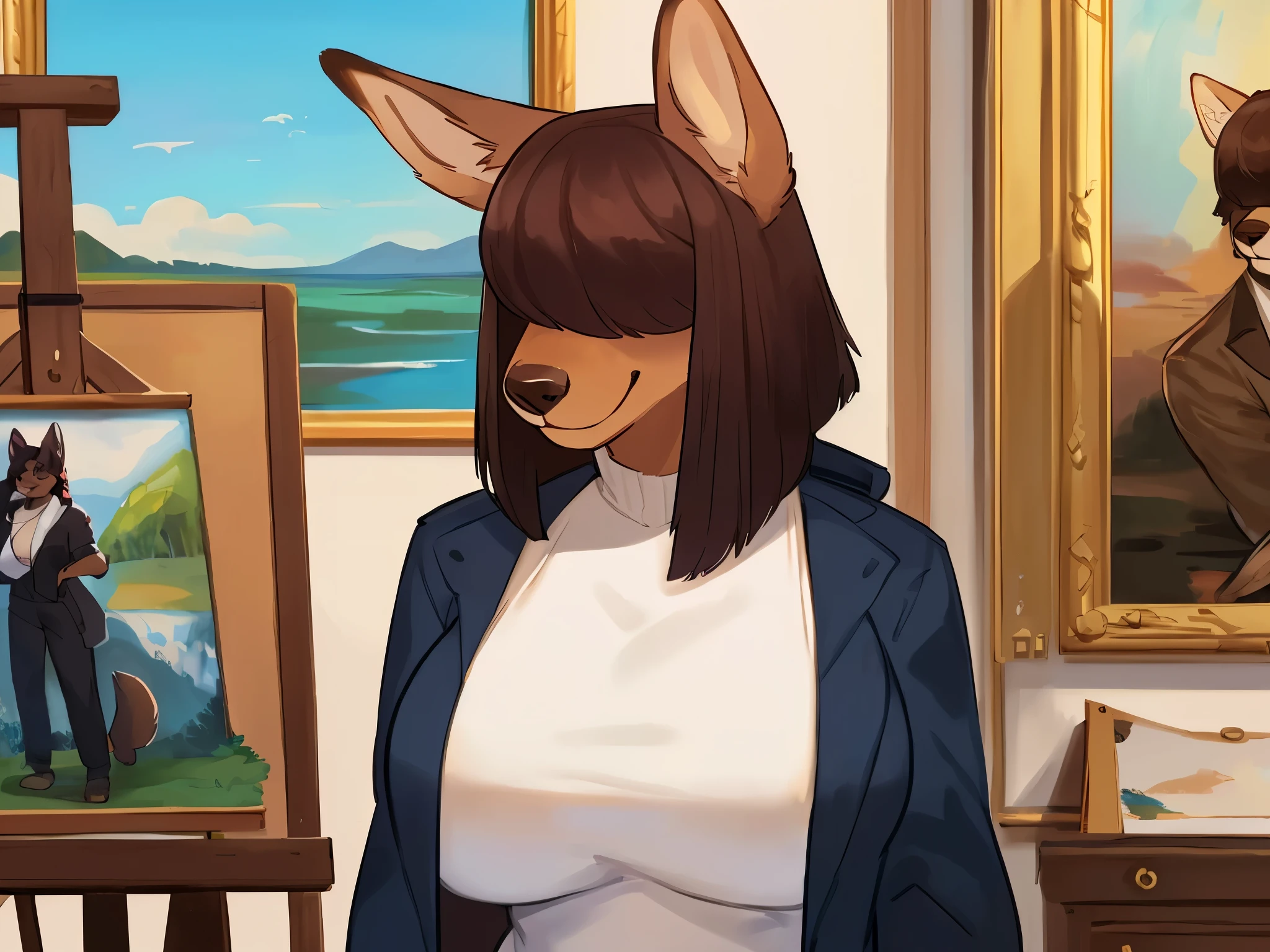 By bebebebebe, by lostgoose, by goonie-san, female, ((canine, snout, hair covering eyes, straight hair, medium hair, flat hair, ears, thin snout)), brown fur, big poofy tail, raised tail, dark maroon hair, ((muscular)), (big breasts), solo, standing, smiling, happy, ((painting on easel, canvas, easel, self portrait, focus on painting, view of painting, view of canvas)), facing canvas