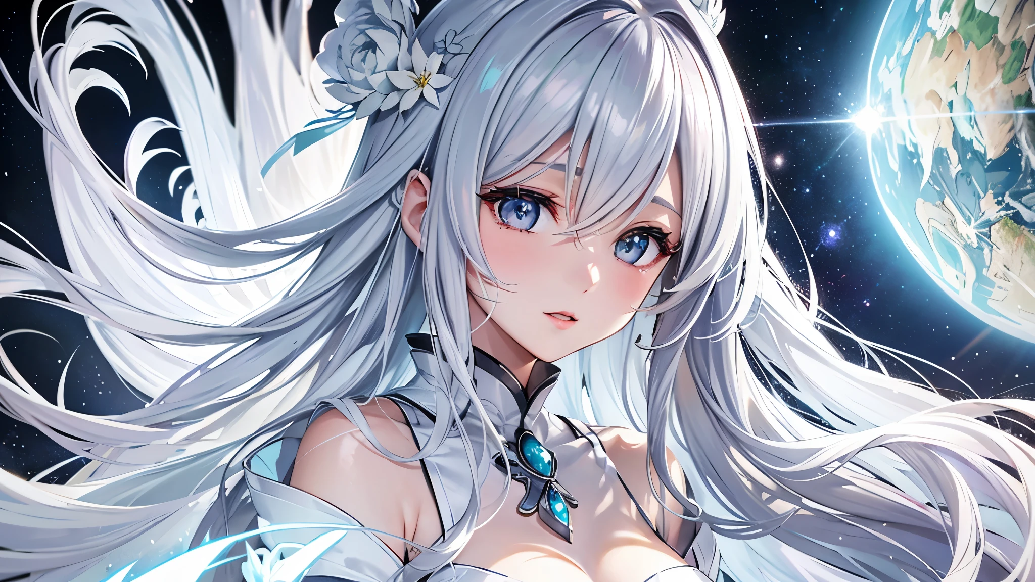 Ultra detailed illustration of an ethereal goddess, long light grey hair, grey eyes, ((ultra detailed face)), focus on face, celestial-cosmic environment, flowy white dress, hair floating, anime style by MSchiffer, ((nanatsu no taizai merged with Aa! Megami-sama!)), bright colors, high saturation, midshot, ethereal, whimsical, magical, cute