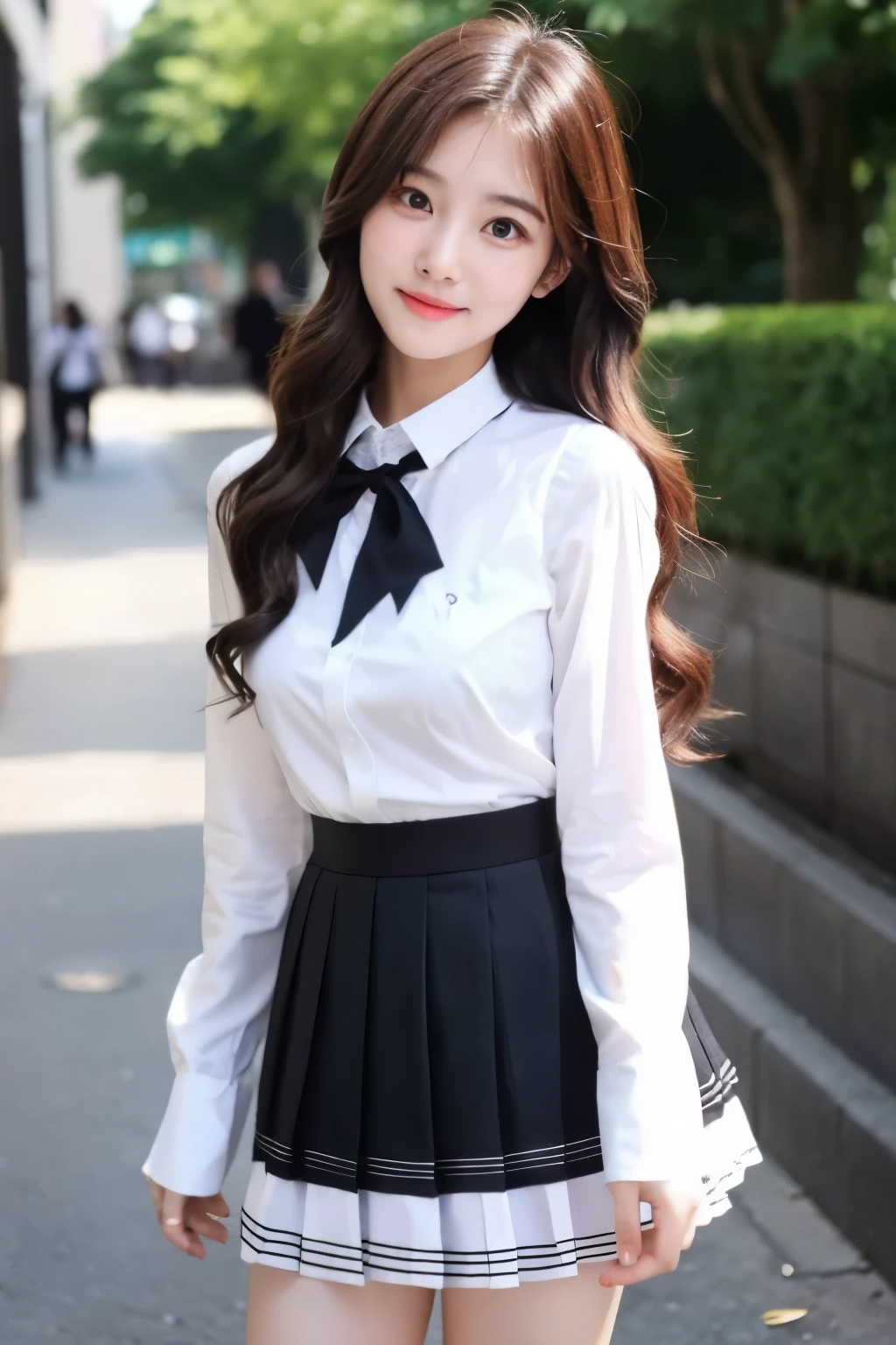 Beautiful girl, black long beautiful wavy hair, korean girl, black school skirt and top, , Cute face, height 160 cm, black big round eyes