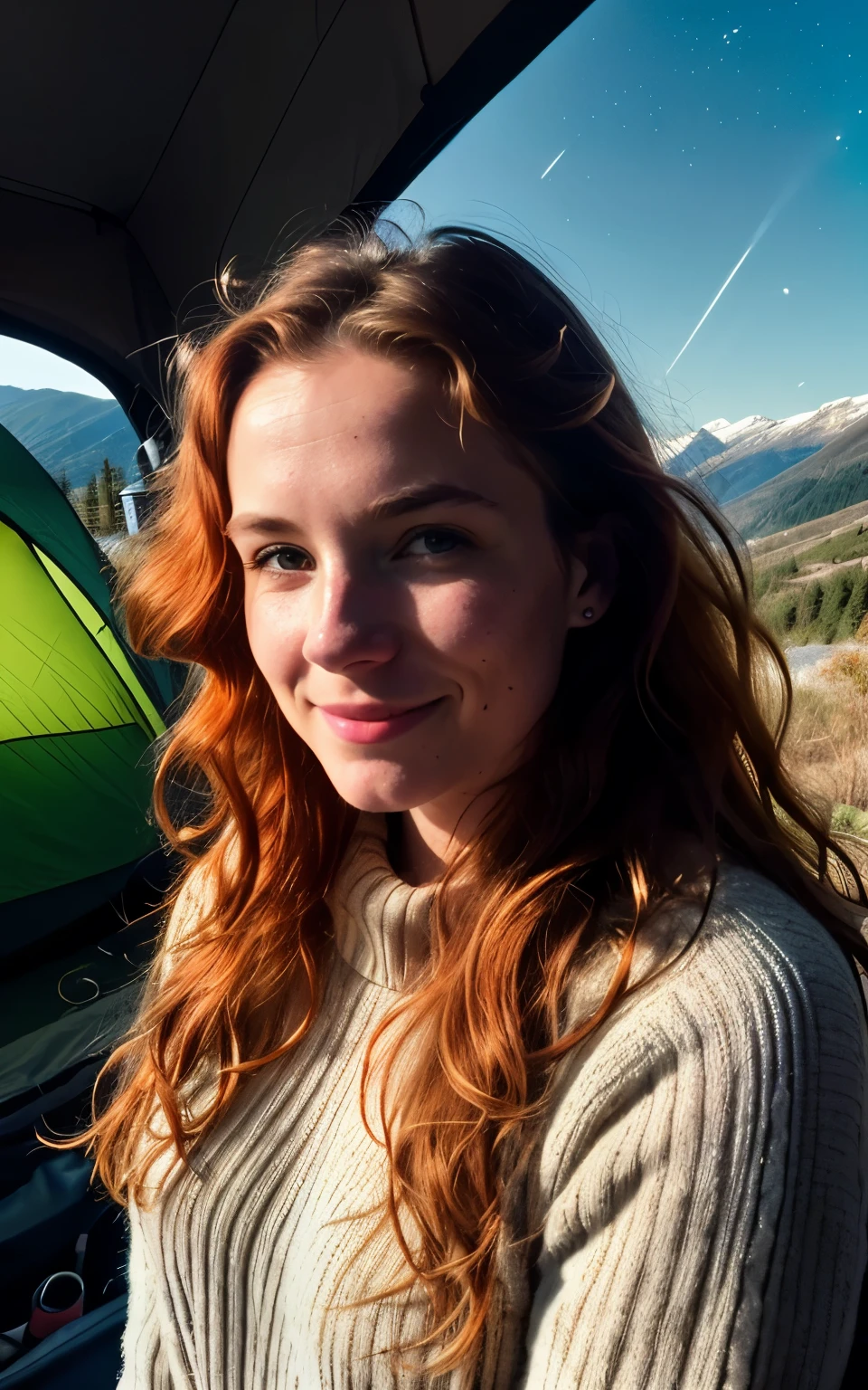 1 Irish woman redhead wavy hair((upper body selfie, happy)), Masterpiece, Best quality, ultra detailed, Alone, outdoors, (Night), mountains, Nature, (stars, moon) cheerful, happy, backpack, sleeping bag, camping stove, water bottle, hiking boots, gloves, sweater, holds, flashlight, forest, rocks, river, wood, smoke, darkness, contrast, clear sky, analog style (look at viewer: 1.2) (skin texture) (film grain:1.3), (warm tone, warm tone:1.2), close up, cinematic light, side lighting, ultra high resolution, Best shadow, RAW, upper body, wearing sweater
