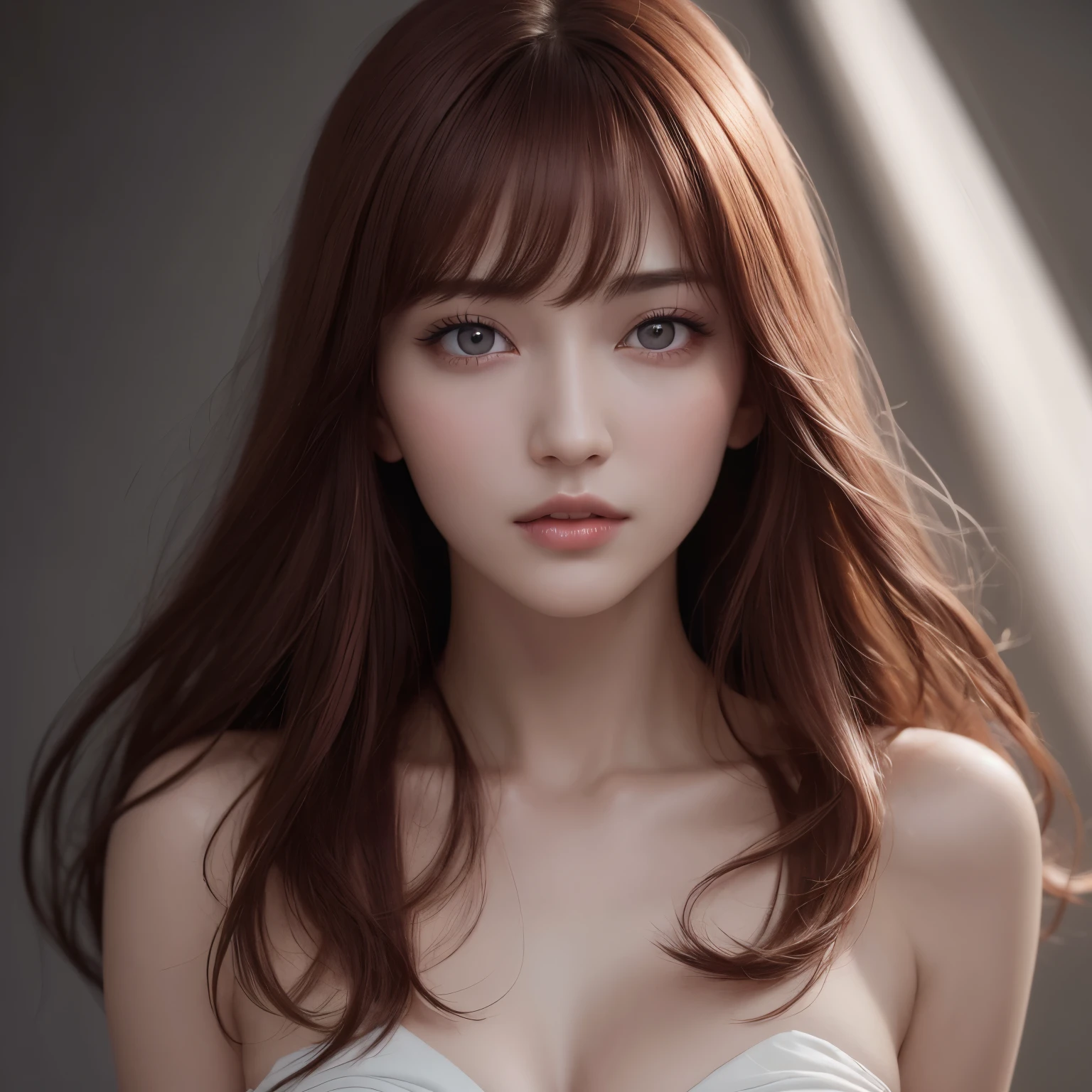 highest quality、table top、8k、best image quality、Award-winning work、1 girl, star eye, blush, perfect lighting, redhead, red eyes, unreal engine, side light, detailed face, bangs, bright skin, simple background, dark background、Ultra high definition beauty face、ultra high definition hair、Super high-definition sparkling eyes、(Super high-definition shining pure white skin:1.1)、Super high resolution glossy lips、accurate anatomy、ultra high definition hair