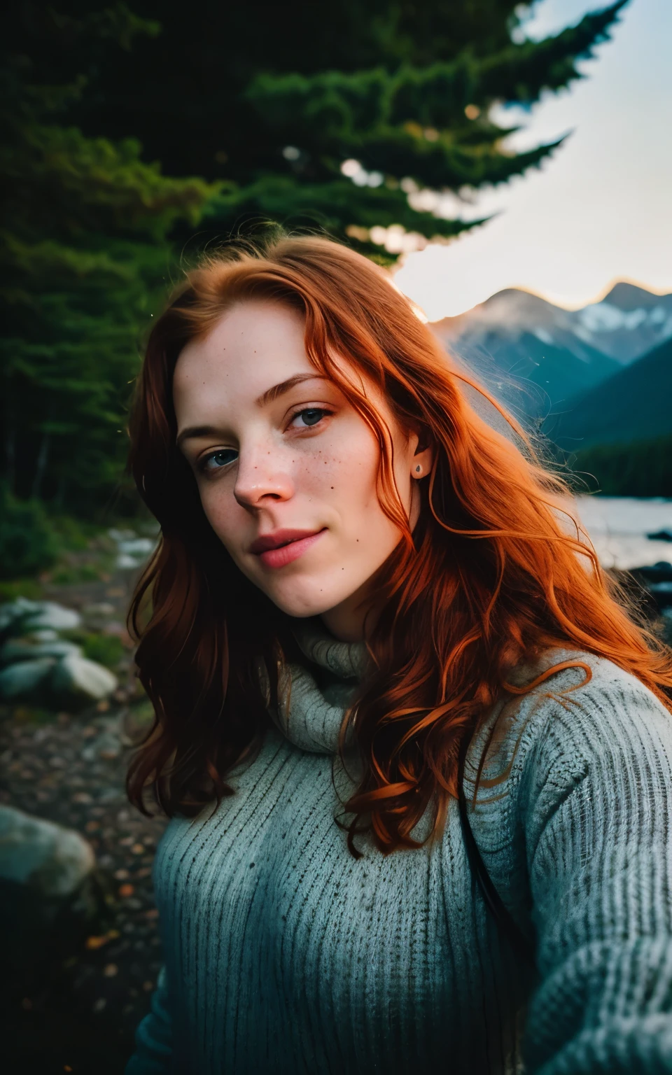 1 Irish woman redhead wavy hair((upper body selfie, happy)), Masterpiece, Best quality, ultra detailed, Alone, outdoors, (Night), mountains, Nature, (stars, moon) cheerful, happy, backpack, sleeping bag, camping stove, water bottle, hiking boots, gloves, sweater, holds, flashlight, forest, rocks, river, wood, smoke, darkness, contrast, clear sky, analog style (look at viewer: 1.2) (skin texture) (film grain:1.3), (warm tone, warm tone:1.2), close up, cinematic light, side lighting, ultra high resolution, Best shadow, RAW, upper body, wearing sweater
