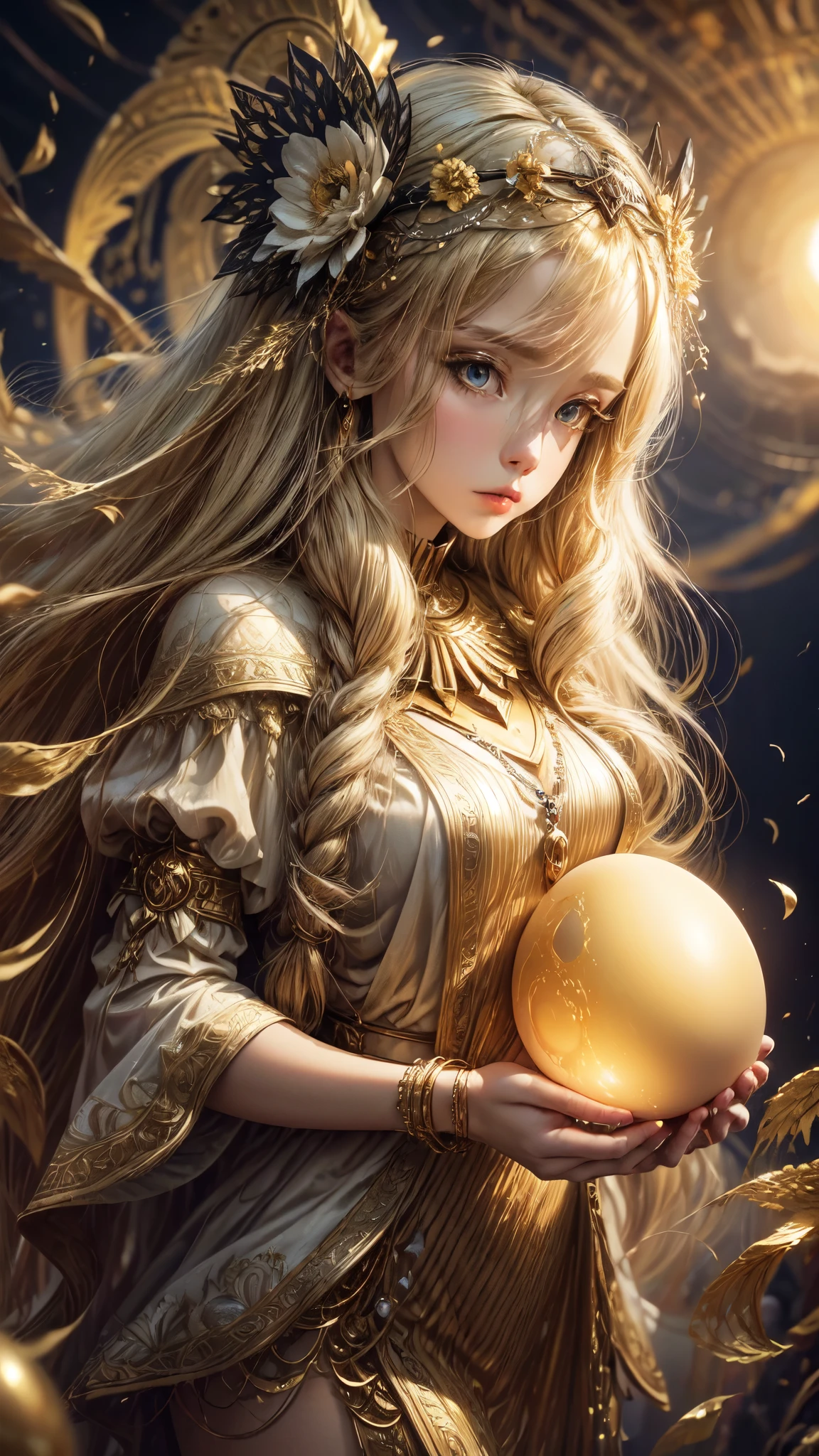 "(((Enigmatic girl)) with flowing hair, cradling a ((cracked egg)) in a dreamlike fantasy landscape, planetary orbs suspended in the sky, ((golden hour lighting)), ((fantasy painting)), vibrant colors, intricate details, (best quality)
