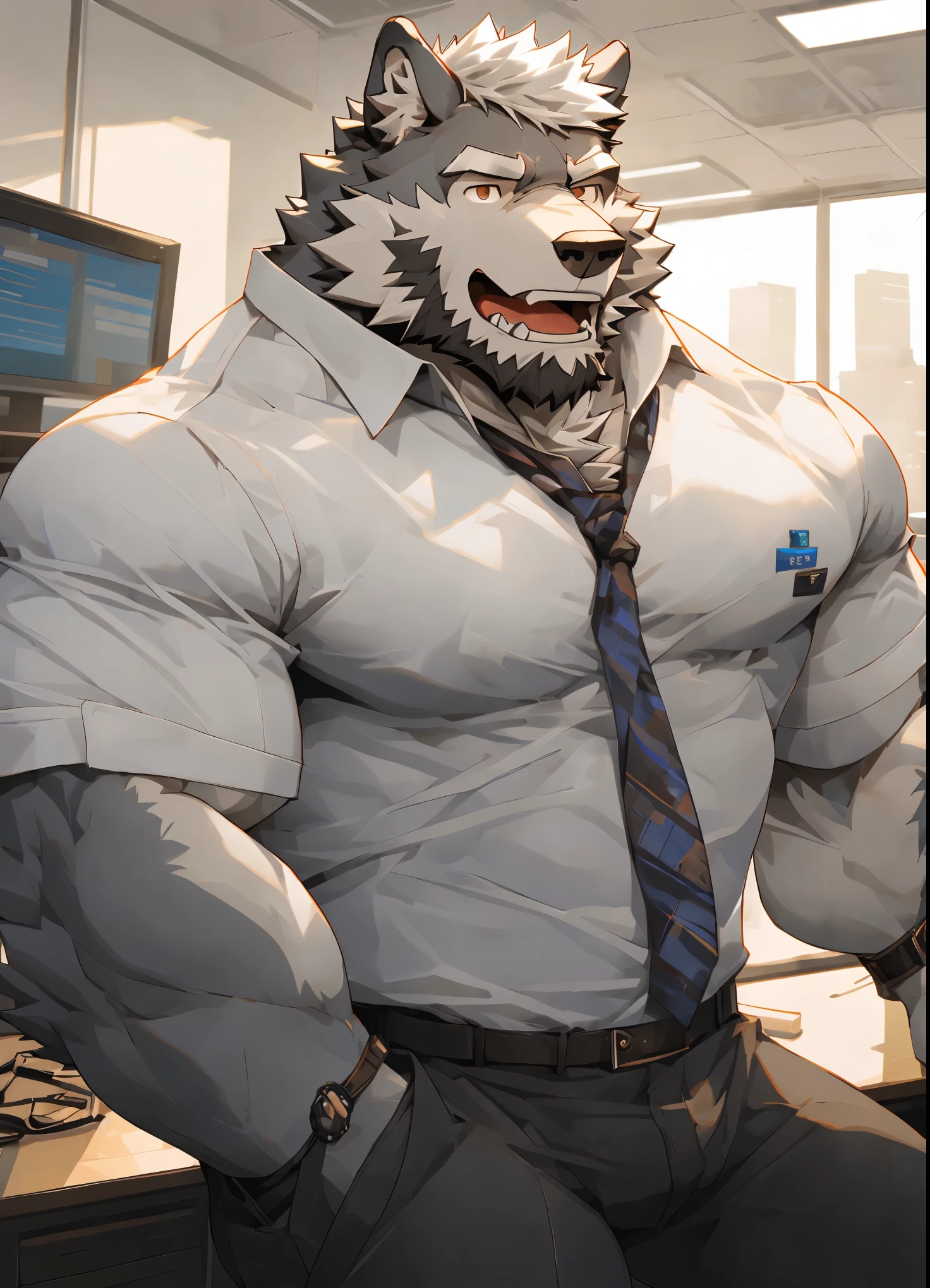 （masterpiece），（Very detailed），（best quality），alone，hairy，Wolf，gray fur，white hair，black beard，muscular，strong body，white shirt，Open，office background，8k，（（high quality））