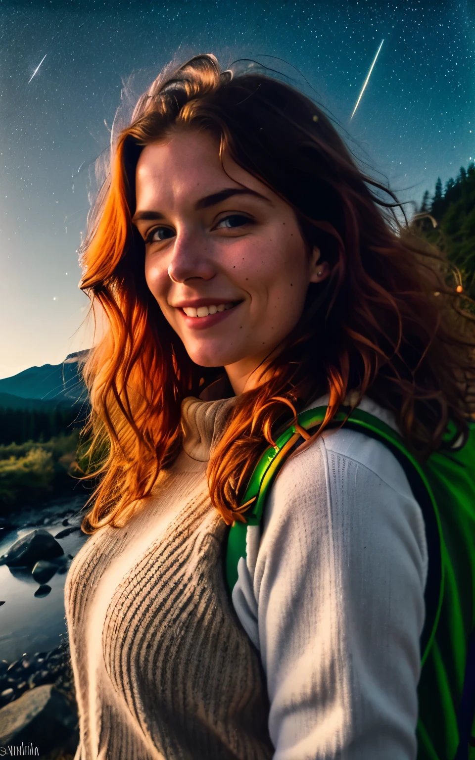 1 Irish woman redhead wavy hair((upper body selfie, happy)), Masterpiece, Best quality, ultra detailed, Alone, outdoors, (Night), mountains, Nature, (stars, moon) cheerful, happy, backpack, sleeping bag, camping stove, water bottle, hiking boots, gloves, sweater, holds, flashlight, forest, rocks, river, wood, smoke, darkness, contrast, clear sky, analog style (look at viewer: 1.2) (skin texture) (film grain:1.3), (warm tone, warm tone:1.2), close up, cinematic light, side lighting, ultra high resolution, Best shadow, RAW, upper body, wearing sweater