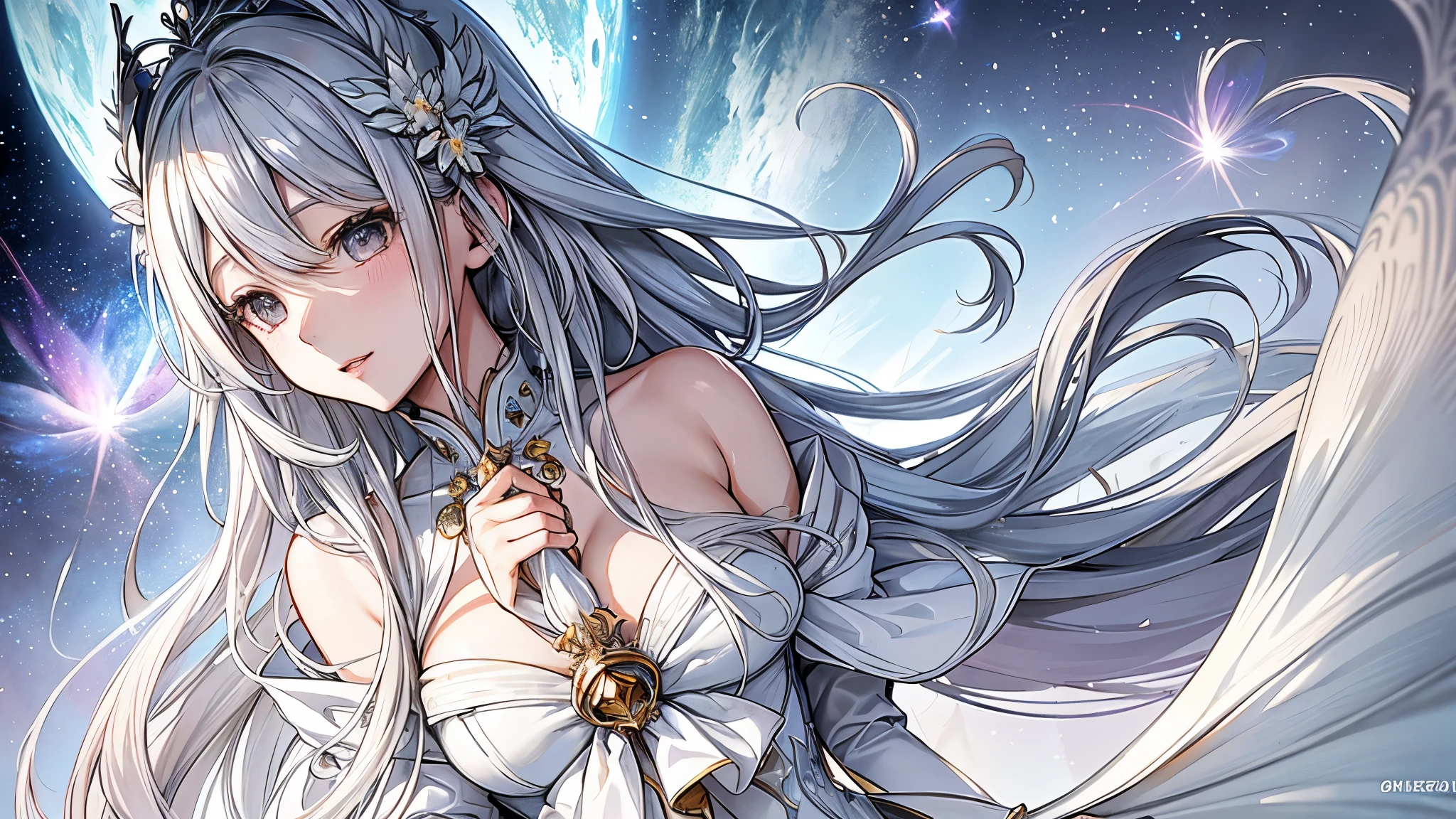 Ultra detailed illustration of an ethereal goddess, long light grey hair, grey eyes, ((ultra detailed face)), focus on face, celestial-cosmic environment, flowy white dress, hair floating, anime style by MSchiffer, ((nanatsu no taizai merged with Aa! Megami-sama!)), bright colors, high saturation, midshot, ethereal, whimsical, magical, cute