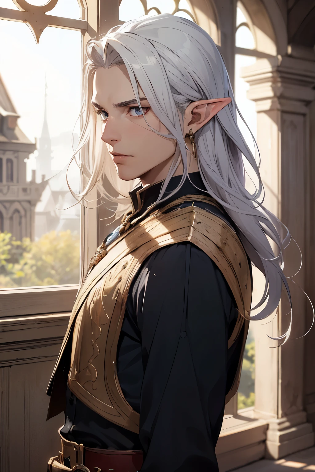 ((best quality)), ((masterpiece)), (detailed), perfect face Half elf, sleepy eyes, Wise man, neck-length hair, messy hair, thin beard, drunkard, mediaval, Dress neatly, Wearing a shirt and robe, white hair 