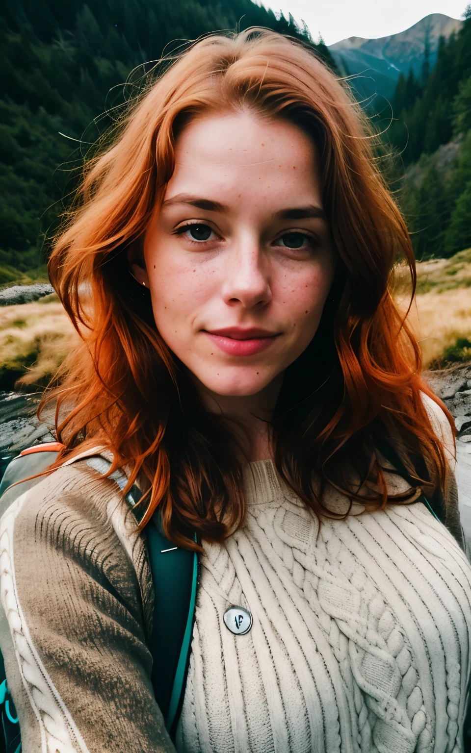 1 Irish woman redhead wavy hair((upper body selfie, happy)), Masterpiece, Best quality, ultra detailed, Alone, outdoors, (Night), mountains, Nature, (stars, moon) cheerful, happy, backpack, sleeping bag, camping stove, water bottle, hiking boots, gloves, sweater, holds, flashlight, forest, rocks, river, wood, smoke, darkness, contrast, clear sky, analog style (look at viewer: 1.2) (skin texture) (film grain:1.3), (warm tone, warm tone:1.2), close up, cinematic light, side lighting, ultra high resolution, Best shadow, RAW, upper body, wearing sweater
