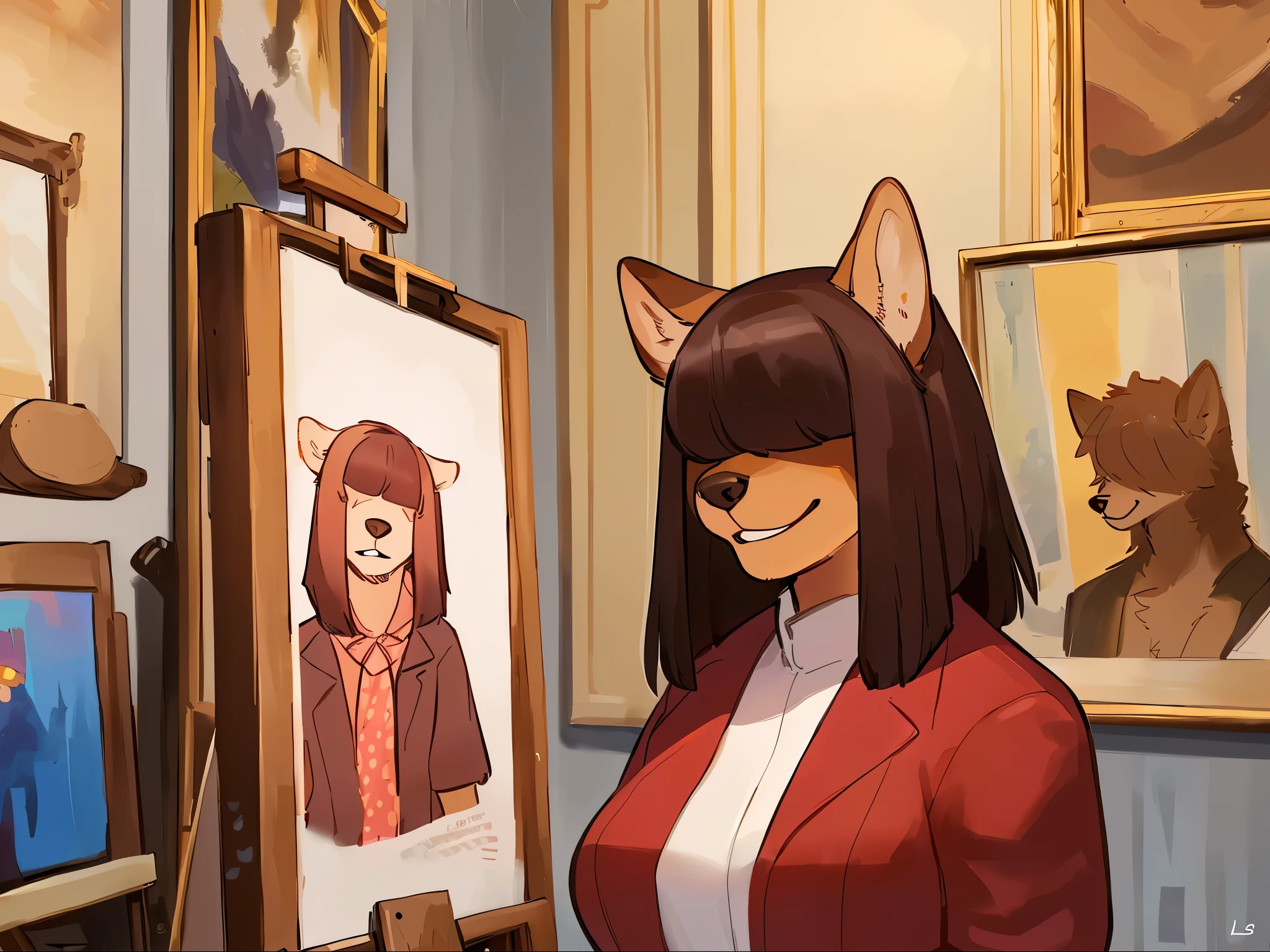 By bebebebebe, by lostgoose, by goonie-san, female, ((canine, snout, hair covering eyes, straight hair, medium hair, flat hair, ears, thin snout)), brown fur, big poofy tail, raised tail, dark maroon hair, ((muscular)), (big breasts), solo, standing, smiling, happy, ((painting on easel, canvas, easel, self portrait, focus on painting, view of painting, view of canvas)), facing canvas, jacket, gucci