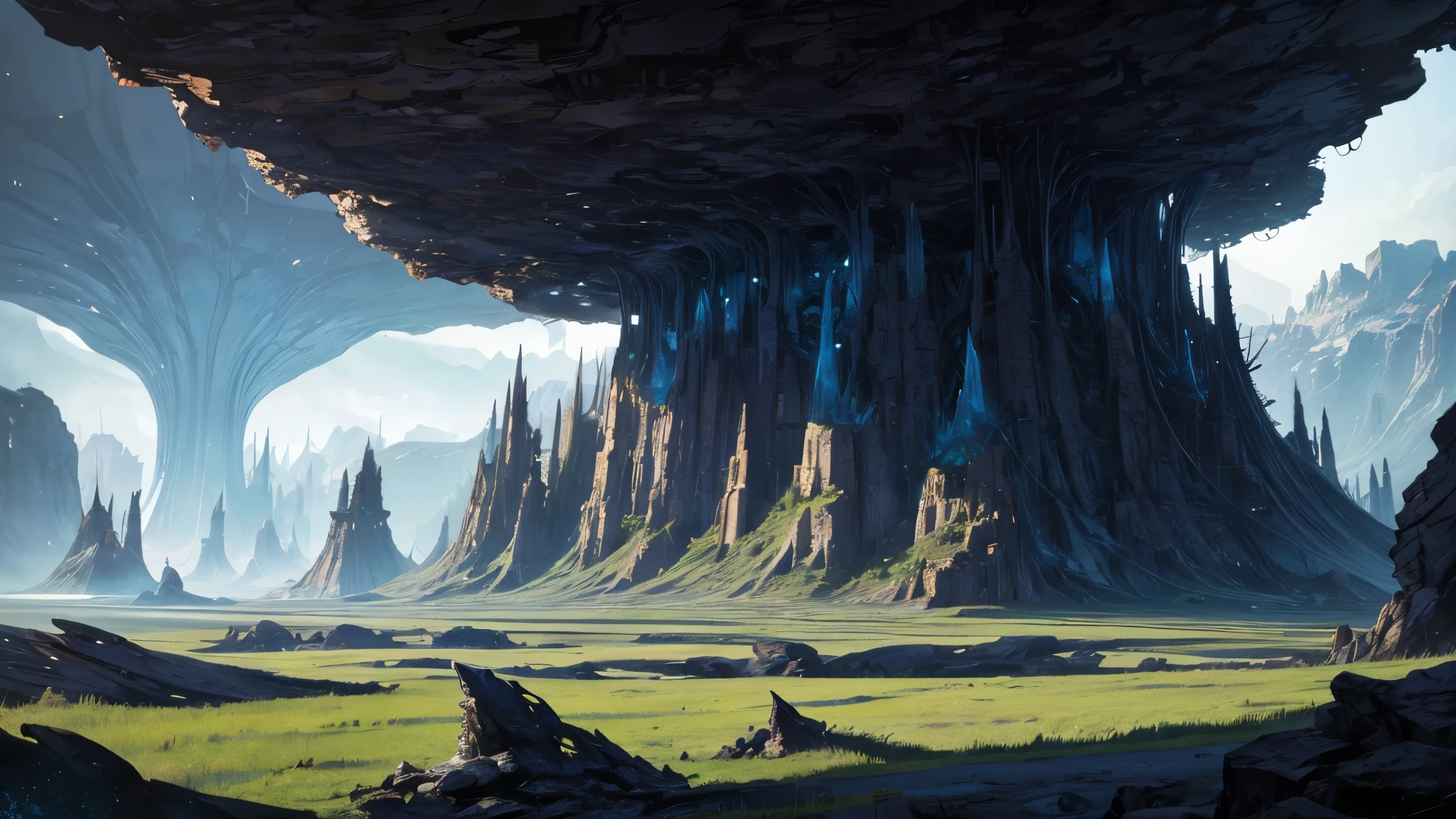 cosmic horror setting on an uninhabited planet unlike anything ever seen, vast and complex vegetation resembling tentacles, rocks everywhere (large and small), dark gray sky, heavy clouds , mountains in the distance.