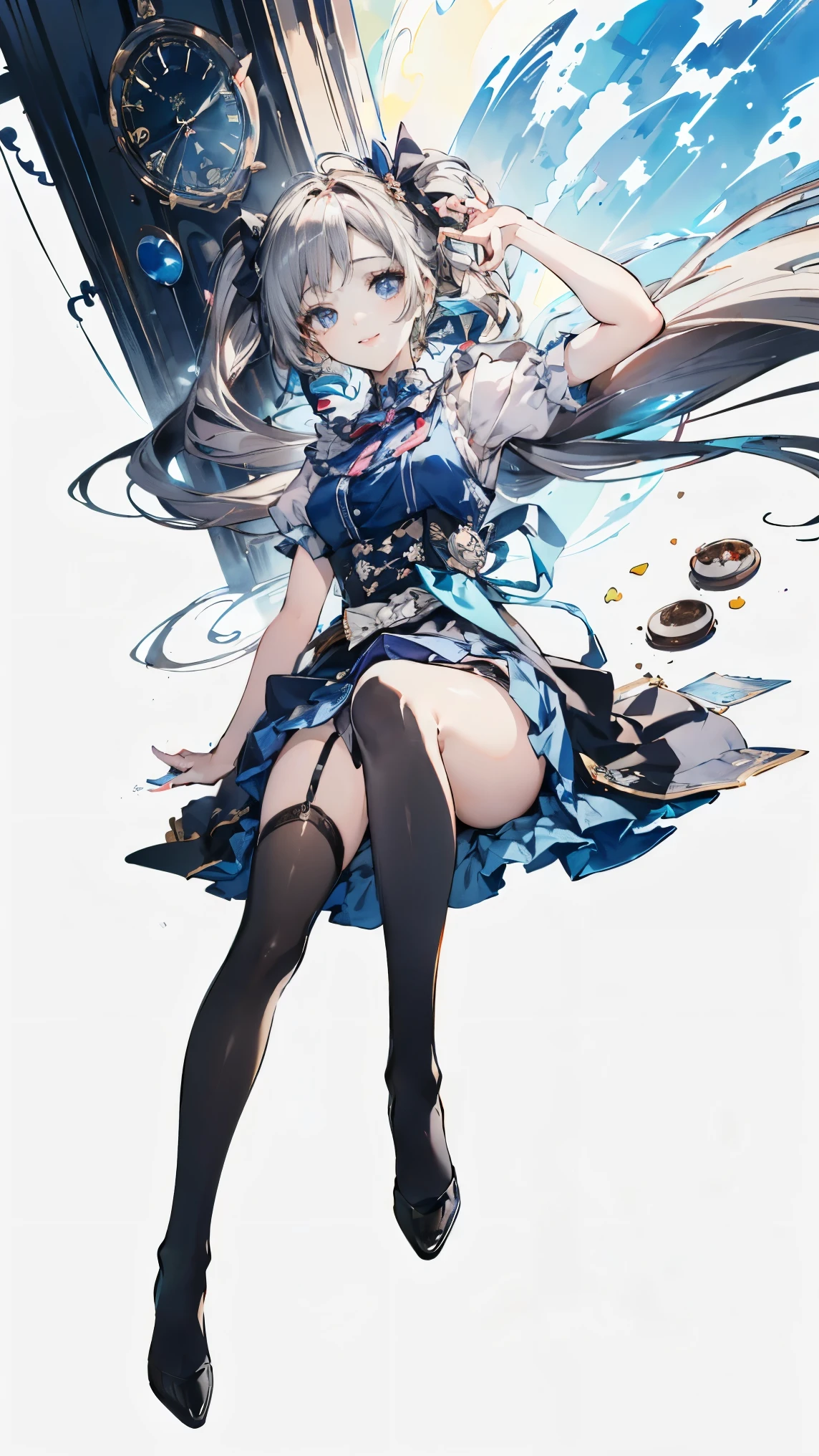 (master piece, high-quality, Mystical, long legs:1.2, ideal ratio of body proportions), (ultra high resolution, 8K RAW photo, photorealistics, natural lighting, textile shading), long shot photo:1.6, (1 beautiful anime girl:1.3, 16 years old, solo:1.6, milf:1.5, nsfw:1.25, full body:1.3), shinny skin, BREAK, ((alice in the wonderland:1.3, cute, kawaii, lovely, funny, a girl falling down from sky:1.7, girl flying in sky:1.75, girl floating in air:1.3, rolling up skirt by wind:1.5, (full smiling:1.3), surprised, putting hands on crotch over the skirts:1.35)), BREAK, ((floating things as follows, PlayingCards, Trump, tea cup, tea pot, tea spoons, small clock:1.3, lip sticks, candies:1.2, cookies, jam bottles, classical door_keys)), ((purply_Blue dress :1.5, wearing long flaired skirt:1.3, the skirt is blowing:1.3, White Apron, white stockings)), (medium long platinum-blonde hair:1.2, twin tail hair:1.6, tied hair with a large ribbon), (Blue eyes, bright pupils with highlights, detailed eyes), (lying down on your back:1.6, leaning backward:1.2, spreading legs with rising up straight:1.5), ((dutch angle:1.5, full body:1.3, ass focus:1.3, from below:1.5, unbalance posture)), fantastic colorful art, (fantasy image:1.5), ((correct anatomy:1.5, perfect anatomy:1.3, correct hand, small foot:1.2)), 