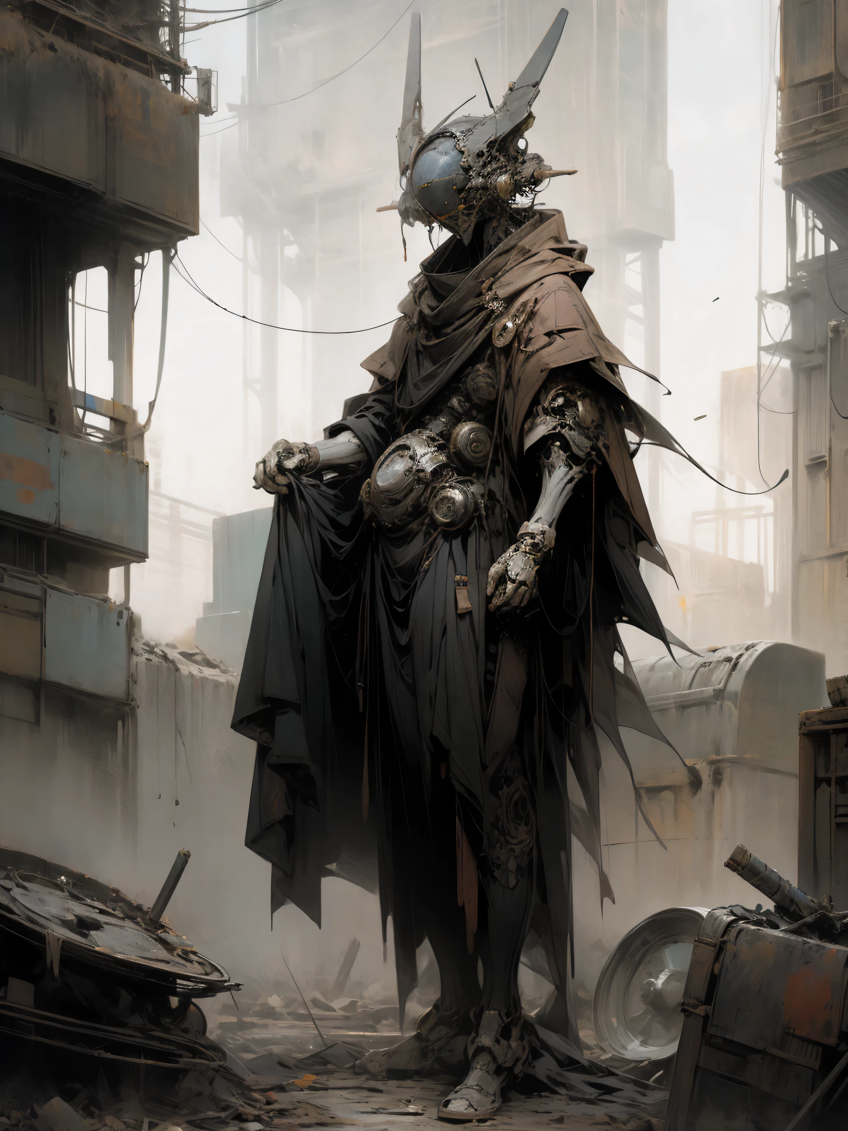 Obra maestra, detallado, robot, solitario, errante, Harapiento, tez delgada, Extremidades delgadas, sin rasgos faciales, No cara, robotic antennae, damaged, corroded and oxidized metal plates, vertedero de chatarra, atardecer, depresivo.