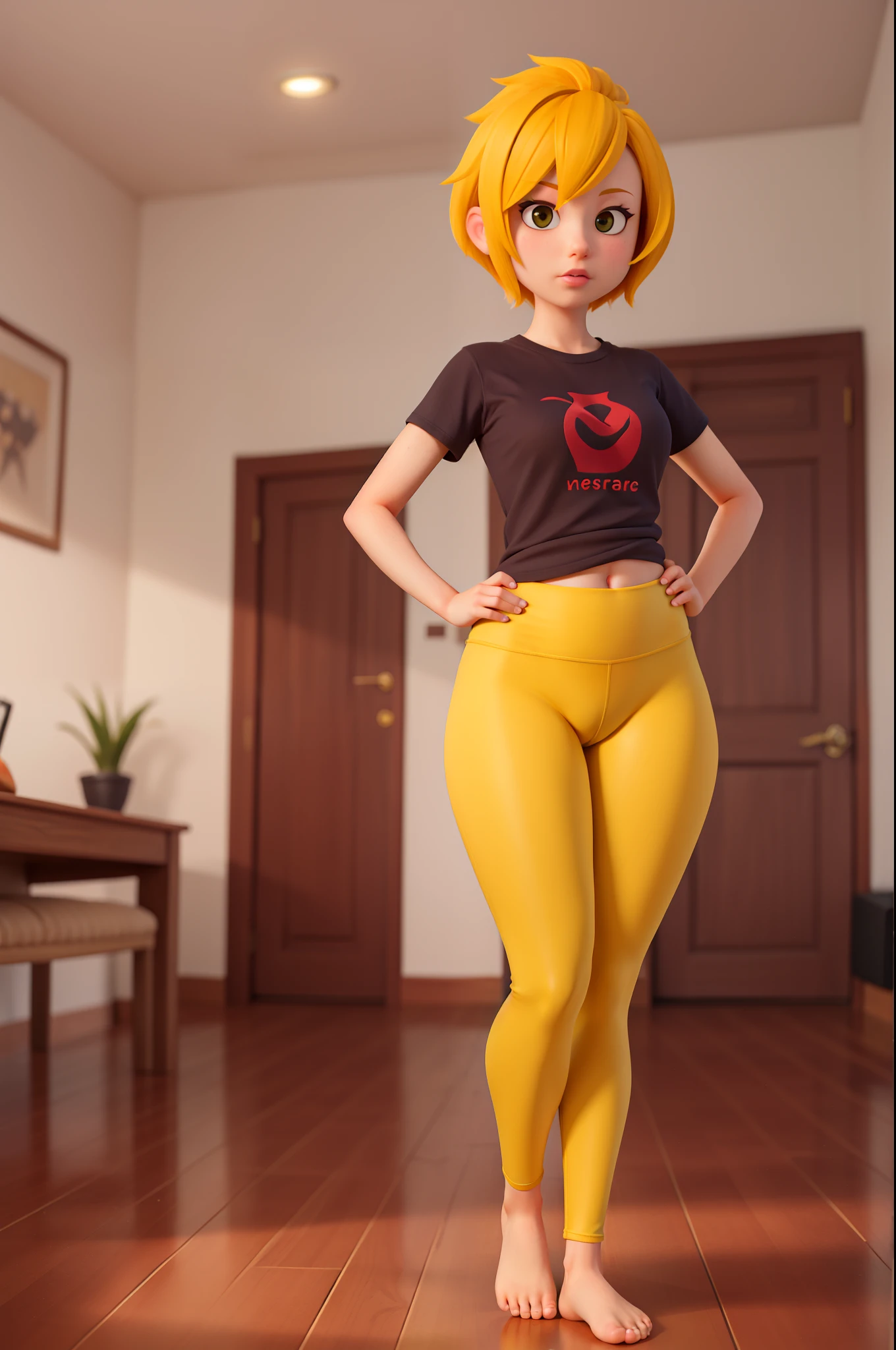 girl,short yellow hair,velvet red yoga pant,t-shirt,thick thighs, thin hips,in the room,standing,focus crotch
