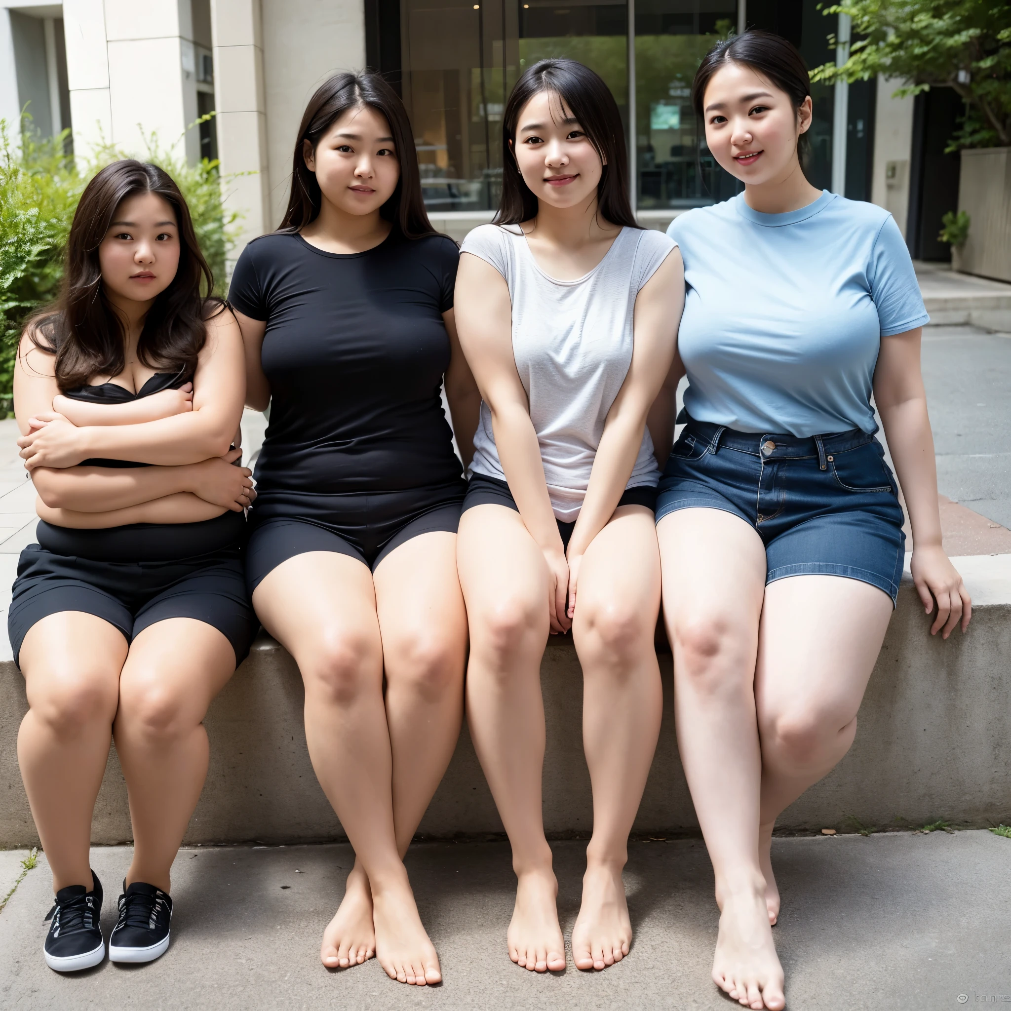 (ultra-detailed),photo-realistic,hyper-realism,masterpiece,beautiful,soft lighting,8k,(full body portrait:1.2),short stature,very cute round face,28years old,(Five women,naked Japanese women standing straight,close together:1.2),side by side,(frontal body),Japanese Idol,(skinny,thin body,thin arms,very thin waist),wide and large hips,thick thighs,(short-length legs,long torso:1.2),(natural breasts),big smile,(blushing),various hair-styles,too many piercings,too many body-piercings,bangs,(perfect naked,nude,barefoot,tiara,earrings,necklace,anklet,jewelry),NSFW
BREAK
(simple Pink background:1.2)