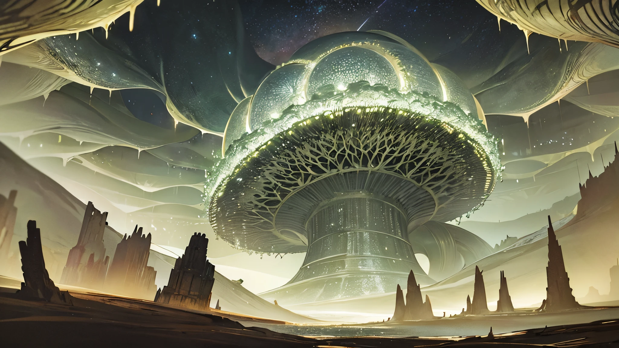 cosmic horror setting on an uninhabited planet unlike anything ever seen, vast and complex vegetation resembling tentacles, rocks everywhere (large and small), dark gray sky, heavy clouds , mountains in the distance.