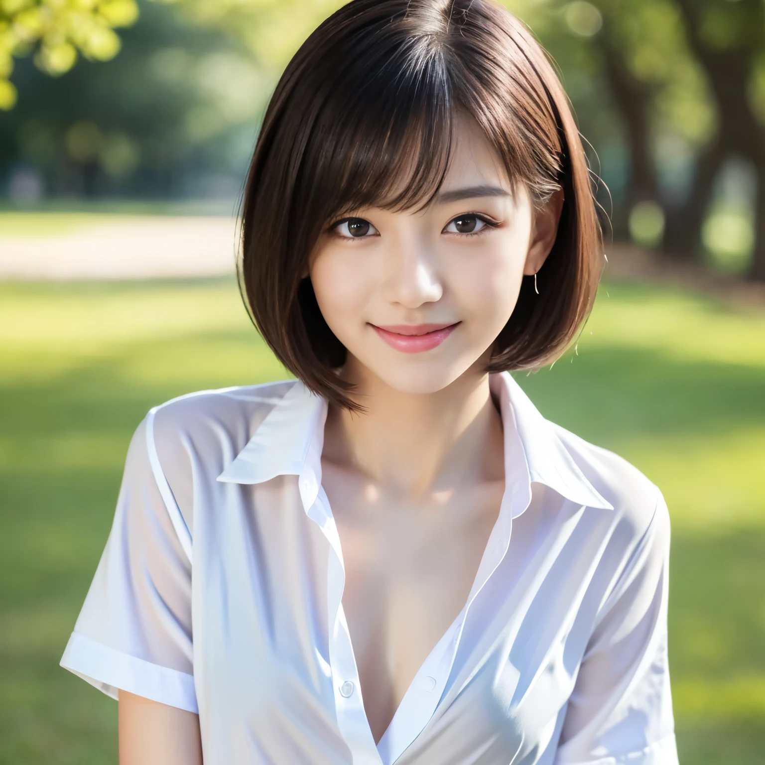 (highest quality、table top、8k、best image quality、Award-winning work)、one cute high school girl、solo、perfect beautiful composition、(Uniform shirt with fully open chest:1.5)、(Unbutton your shirt to fully expose your bare chest:1.5)、(school uniform open shirt:1.5)、(small naked breast exposed:1.5)、(very short hair:1.1)、(very small flat bare chest:1.3)、clavicle、slender body、(shy smile looking at me:1.1)、(strongly blurred park background:1.1)、natural makeup、Ultra high definition beauty face、ultra high definition hair、Super high-definition sparkling eyes、(Super high-definition shining pure white skin:1.1)、Super high resolution glossy lips、accurate anatomy、ultra high definition hair、(very bright:1.1)