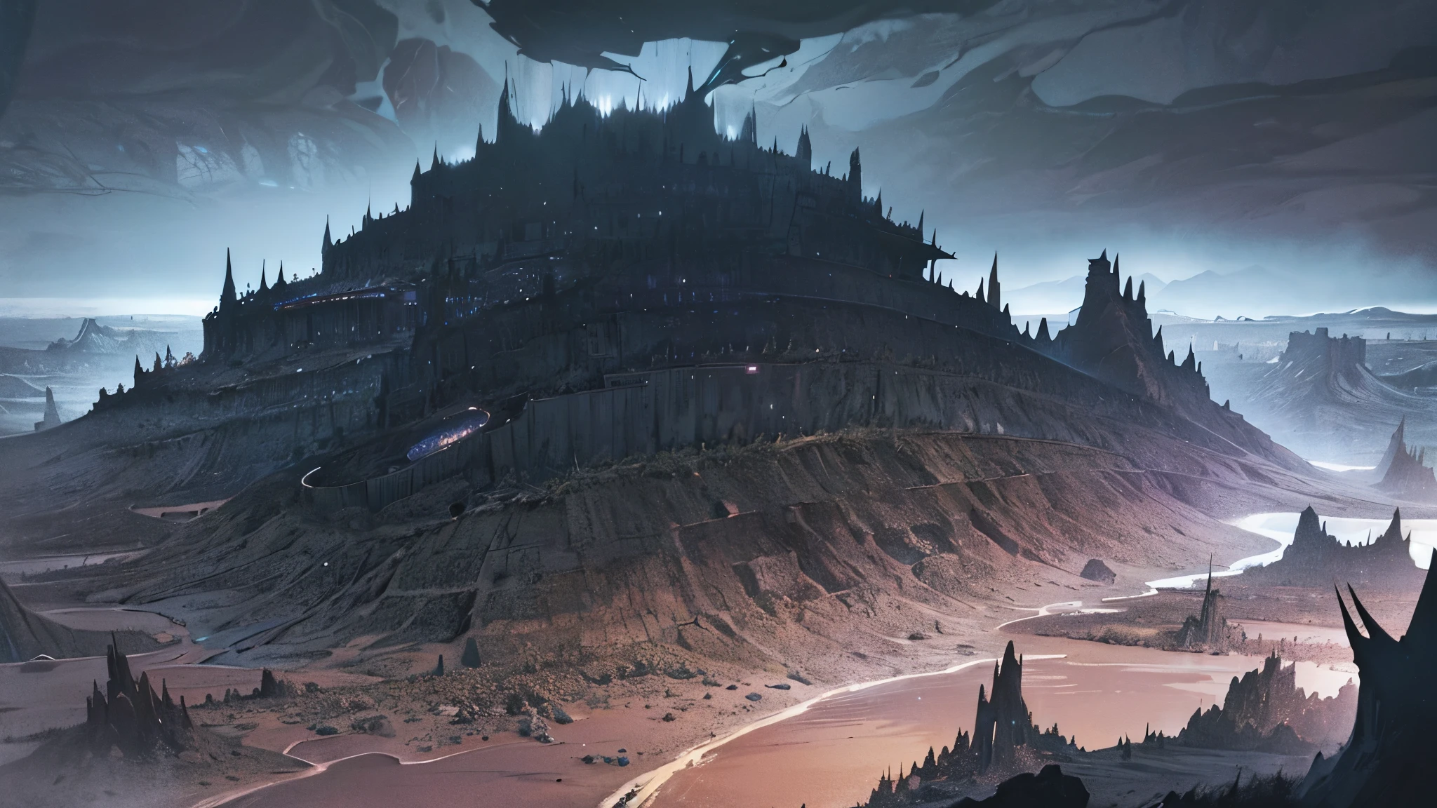 cosmic horror setting on an uninhabited planet unlike anything ever seen, vast and complex vegetation resembling tentacles, rocks everywhere (large and small), dark gray sky, heavy clouds , mountains in the distance.