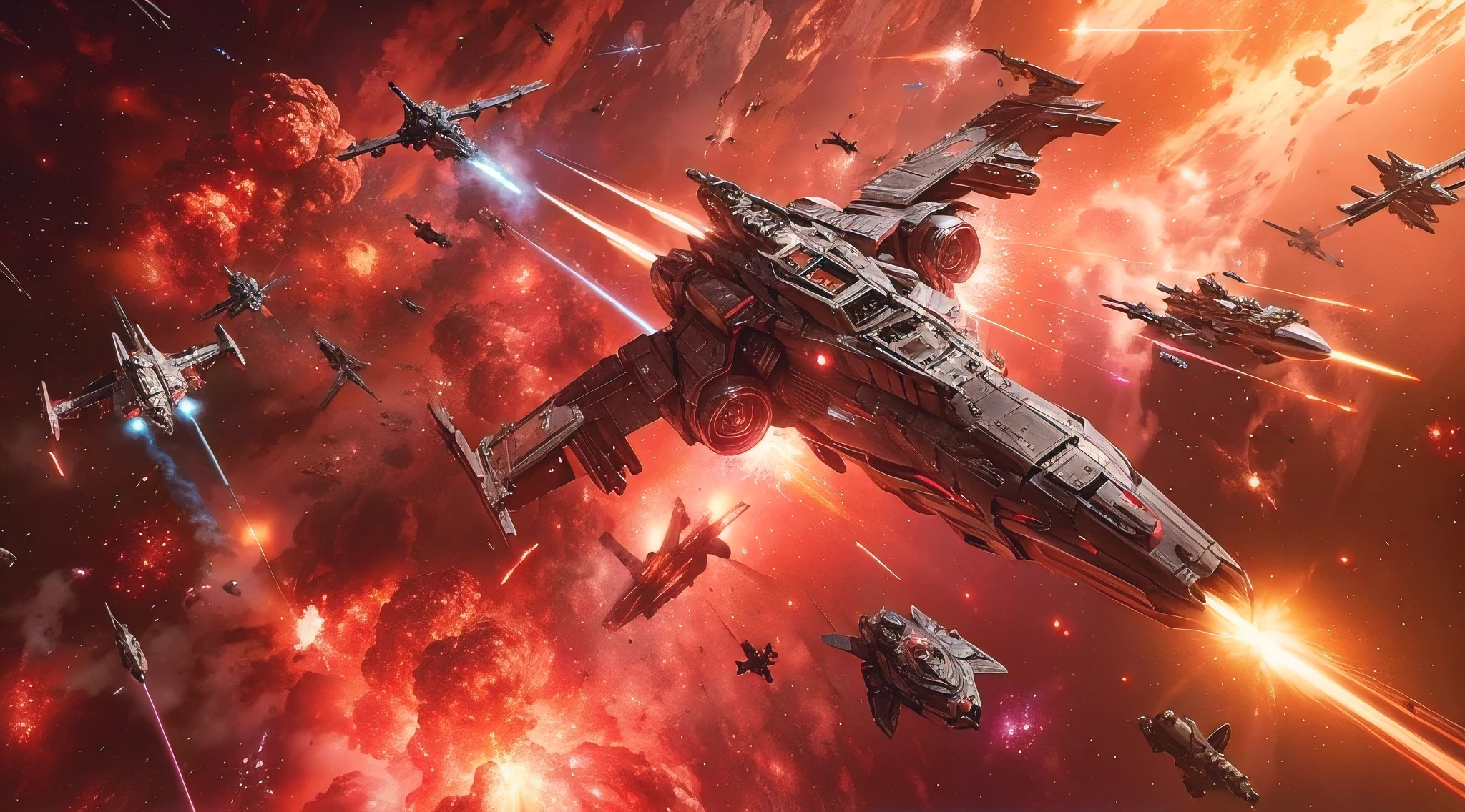 intense intergalactic battle between two opposing motherships and their starfighters, asteroid field, space opera, volumetric lighting, octane render, absolute carnage, explosions, lasers, torpedoes, hyperrealistic, in the style of eve online, dutch angle