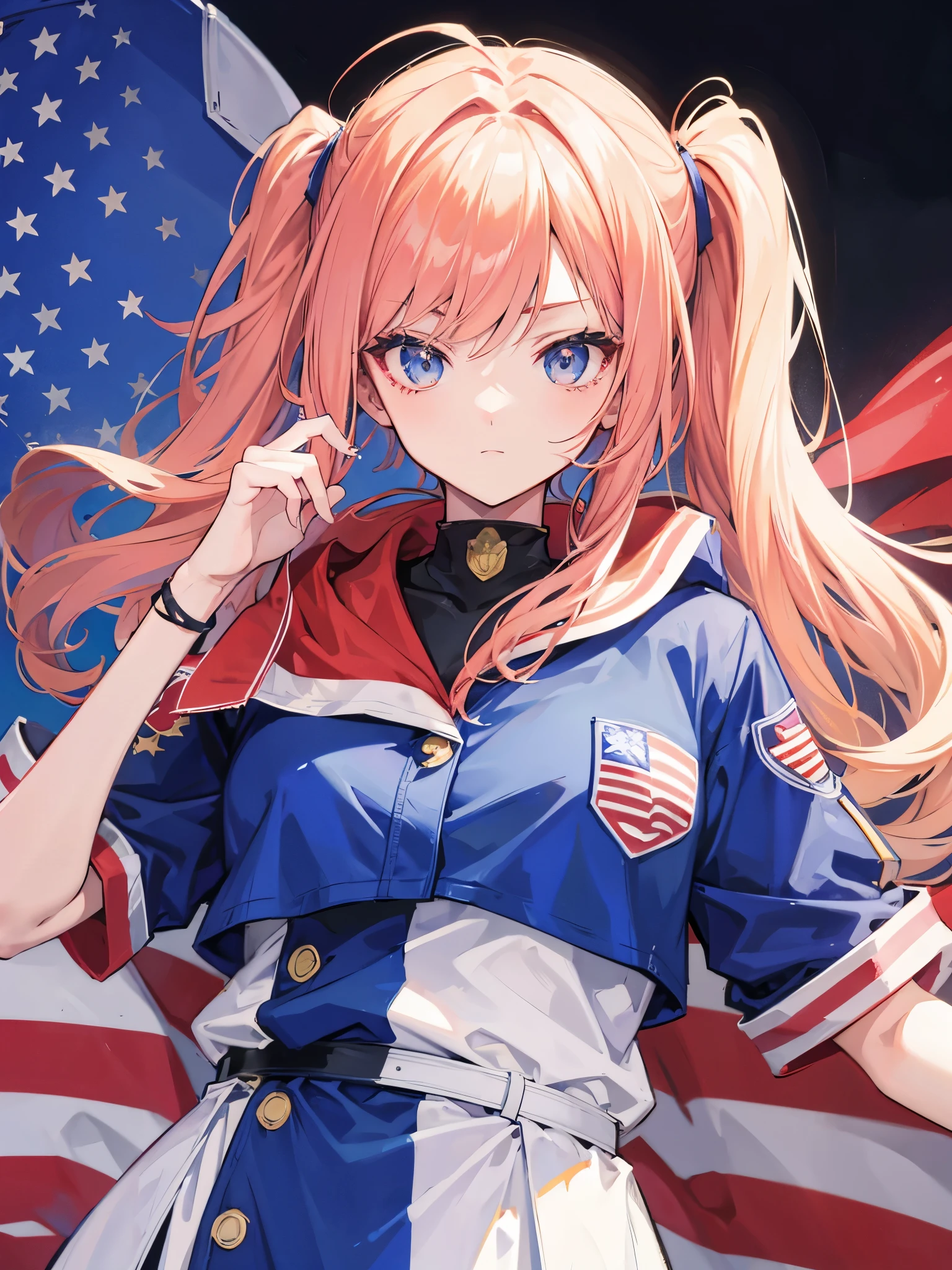 1 Girl of American spirit, Red white and blue hair, smiling, patriotic suit, skirt, homelander from the boys, patriotic, USA flag as background, standing, arms on hips, looking aside, close-up