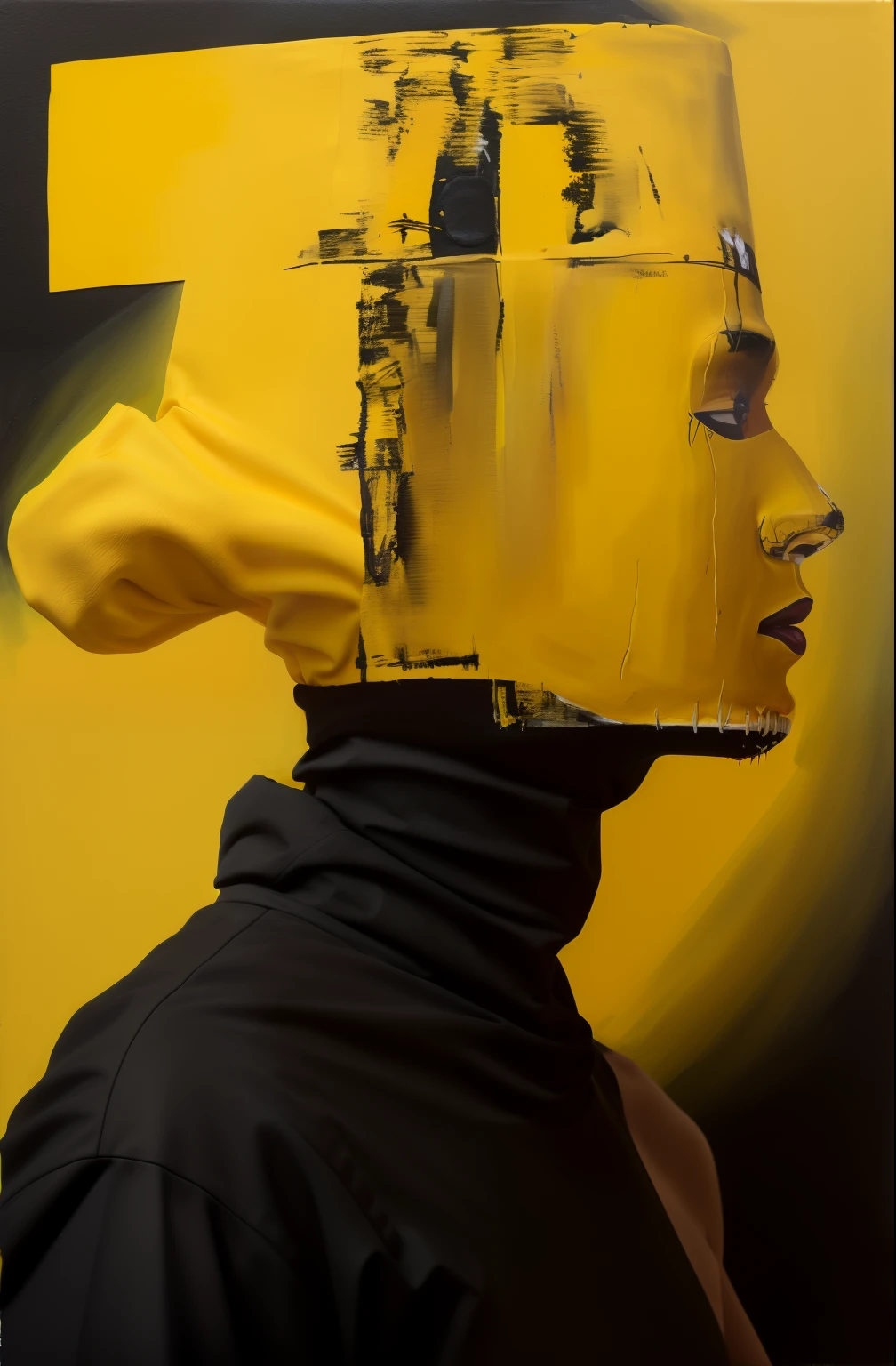 a closeup of a person wearing a black and yellow mask, surrealista negro y amarillo, retrato abstracto, A contemporary artistic collage, Retrato hecho de pintura, colores negro y amarillo, la locura del monoamarillo, laca sobre lienzo, cabeza cubierta