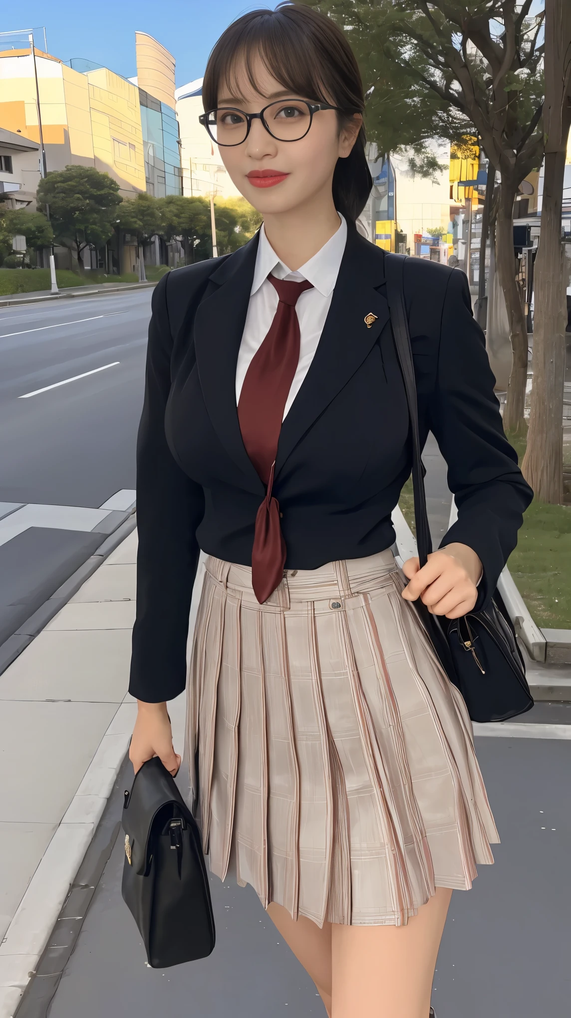 masterpiece, best quality, ultra-detailed, illustration,, (paisura:1.4), 1girl, glasses, big breasts, necktie, sexy skirt, bag, sexy school uniform, black hair, outdoors, road, between breasts, street, school bag, ground vehicle, danchi, japan,, slender body
