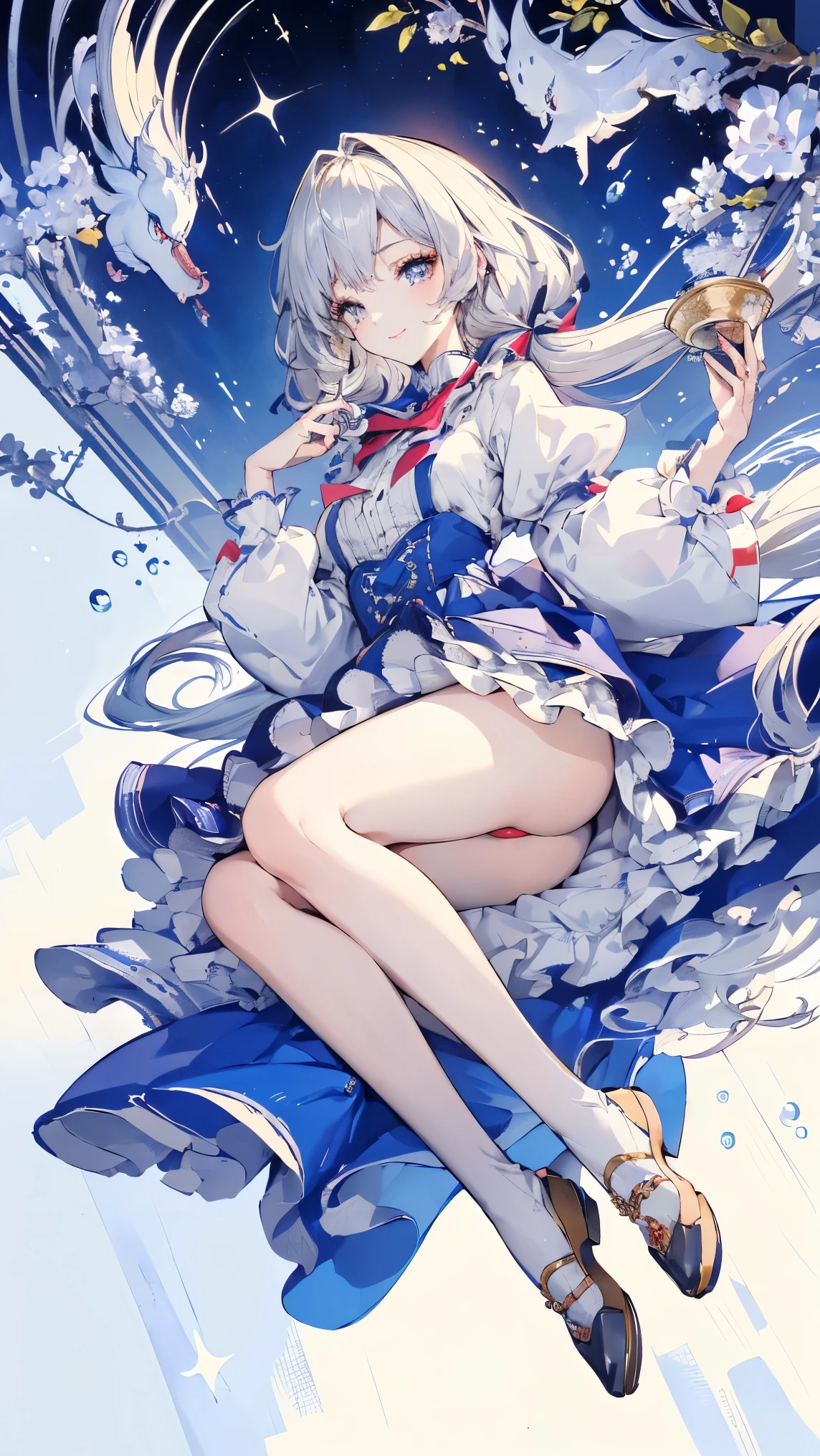 (master piece, high-quality, Mystical, long legs:1.2, ideal ratio of body proportions), (ultra high resolution, 8K RAW photo, photorealistics, natural lighting, textile shading), long shot photo:1.6, (1 beautiful anime girl:1.3, , solo:1.6, milf:1.5, nsfw:1.25, full body:1.3), shinny skin, BREAK, ((alice in the wonderland:1.3, cute, kawaii, lovely, funny, a girl falling down from sky:1.7, girl flying in sky:1.75, girl floating in air:1.3, rolling up skirt by wind:1.5, (full smiling:1.3), surprised, putting hands on crotch over the skirts:1.35)), BREAK, ((floating things as follows, PlayingCards, Trump, tea cup, tea pot, tea spoons, small clock:1.3, lip sticks, candies:1.2, cookies, jam bottles, classical door_keys)), ((purply_Blue dress :1.5, wearing long flaired skirt:1.3, the skirt is blowing:1.3, White Apron, white stockings)), (medium long platinum-blonde hair:1.2, twin tail hair:1.6, tied hair with a large ribbon), (Blue eyes, bright pupils with highlights, detailed eyes), (lying down on your back:1.6, leaning backward:1.2, spreading legs with rising up straight:1.5), ((dutch angle:1.5, full body:1.3, ass focus:1.3, from below:1.5, unbalance posture)), fantastic colorful art, (fantasy image:1.5), ((correct anatomy:1.5, perfect anatomy:1.3, correct hand, small foot:1.2)),
