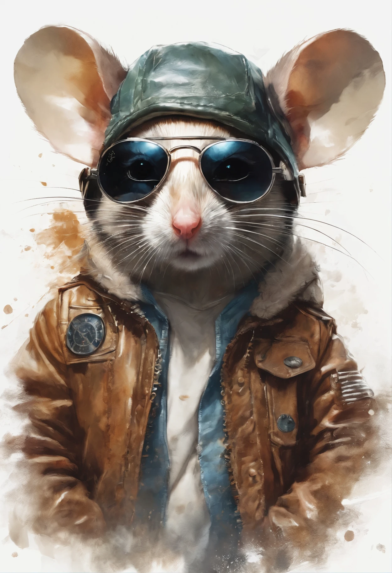 Perfect centering, Cute mouse, Wear a pilot leather jacket, Wearing pilot sunglasses, cheerfulness, Standing position, Abstract beauty, Centered, Looking at the camera, Facing the camera, nearing perfection, Dynamic, Highly detailed, smooth, Sharp focus, 8K, high definition resolution, illustration, Art by Carne Griffiths and Wadim Kashin, White background