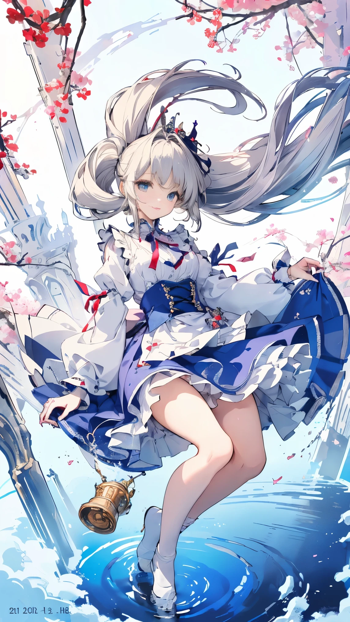 (master piece, high-quality, Mystical, long legs:1.2, ideal ratio of body proportions), (ultra high resolution, 8K RAW photo, photorealistics, natural lighting, textile shading), long shot photo:1.6, (1 beautiful anime girl:1.3, 16 years old, solo:1.6, milf:1.5, nsfw:1.25, full body:1.3), shinny skin, BREAK, ((alice in the wonderland:1.3, cute, kawaii, lovely, funny, a girl falling down from sky:1.7, girl flying in sky:1.75, girl floating in air:1.3, rolling up skirt by wind:1.5, (full smiling:1.3), surprised, putting hands on crotch over the skirts:1.35)), BREAK, ((floating things as follows, PlayingCards, Trump, tea cup, tea pot, tea spoons, small clock:1.3, lip sticks, candies:1.2, cookies, jam bottles, classical door_keys)), ((purply_Blue dress :1.5, wearing long flaired skirt:1.3, the skirt is blowing:1.3, White Apron, white stockings)), (medium long platinum-blonde hair:1.2, twin tail hair:1.6, tied hair with a large ribbon), (Blue eyes, bright pupils with highlights, detailed eyes), (lying down on your back:1.6, leaning backward:1.2, spreading legs with rising up straight:1.5), ((dutch angle:1.5, full body:1.3, ass focus:1.3, from below:1.5, unbalance posture)), fantastic colorful art, (fantasy image:1.5), ((correct anatomy:1.5, perfect anatomy:1.3, correct hand, small foot:1.2)),