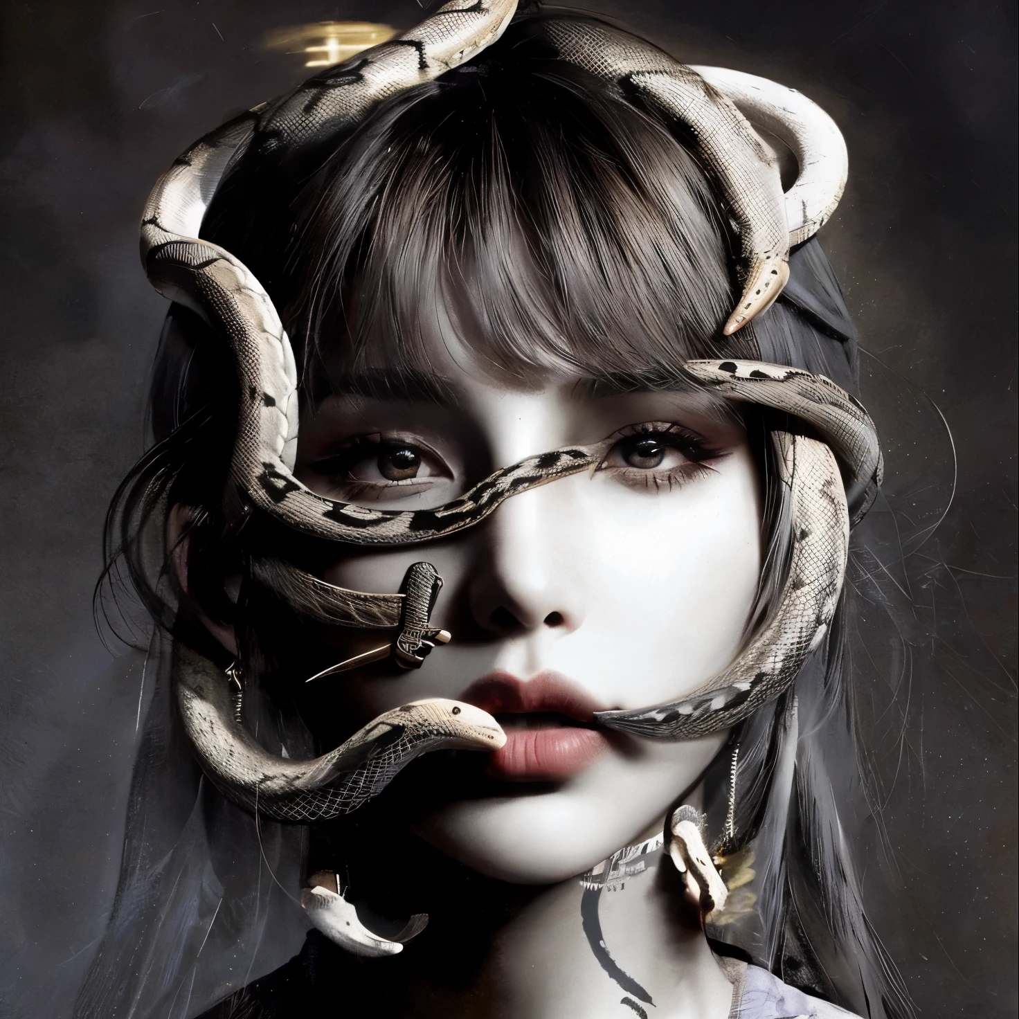 una mujer con una serpiente en la cabeza y una serpiente en la cara, sus muchas serpientes como cabello, Dama con cara de serpiente, with serpientes para el cabello, foto de retrato de , Mujer serpiente, reina de las serpientes,  modelado, hermoso y aterrador, por Hedi Xandt, serpientes para el cabello, dark reina de las serpientes