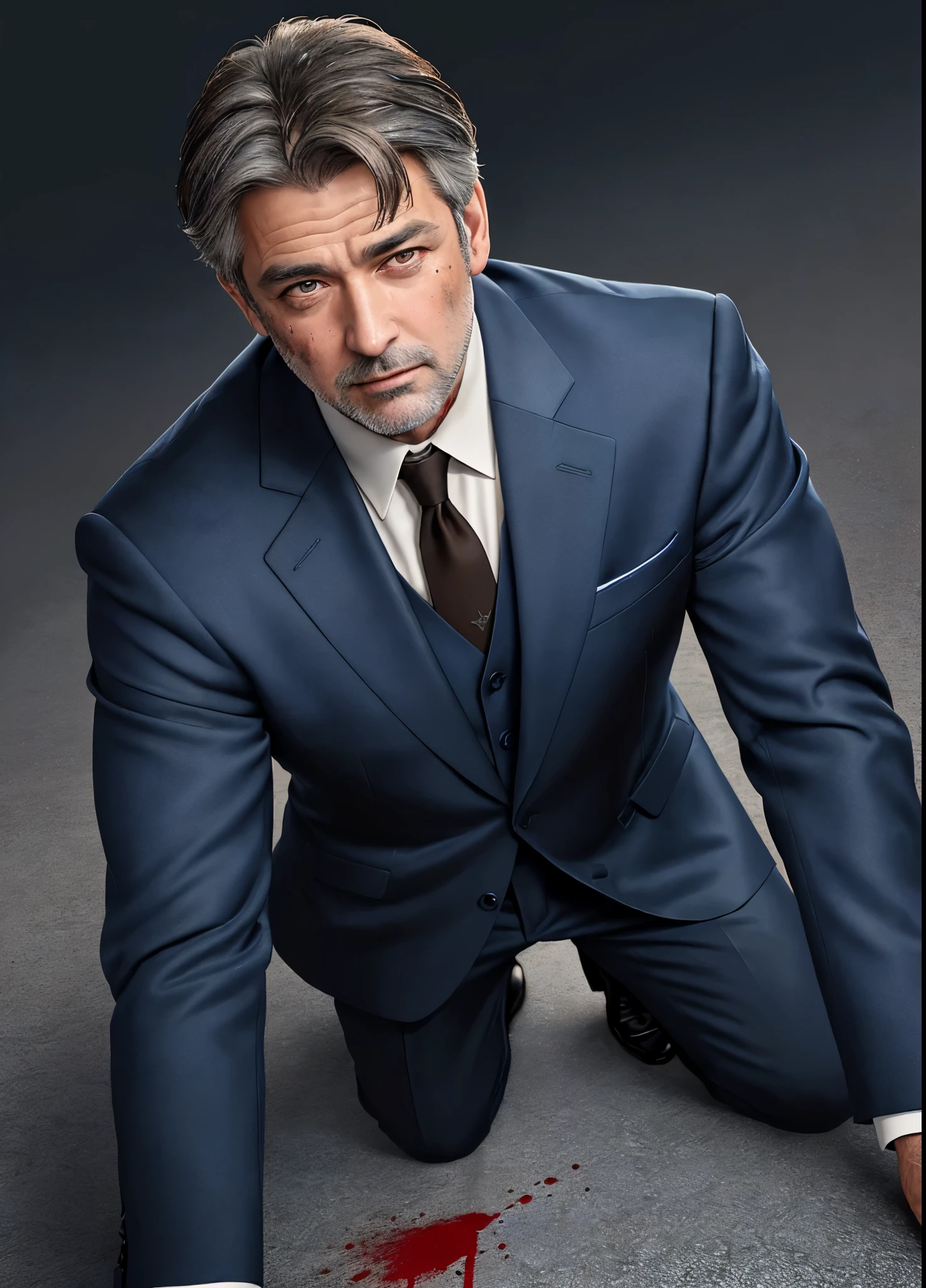 (best quality), half body shot, a middle-aged man with greying brown hair has  been shot in the back, he is laying on the floor facing away from the viewer, he is wearing a dark blue suit and the shoulder area is covered with blood,, well-lit area, intense detail, extremely realistic