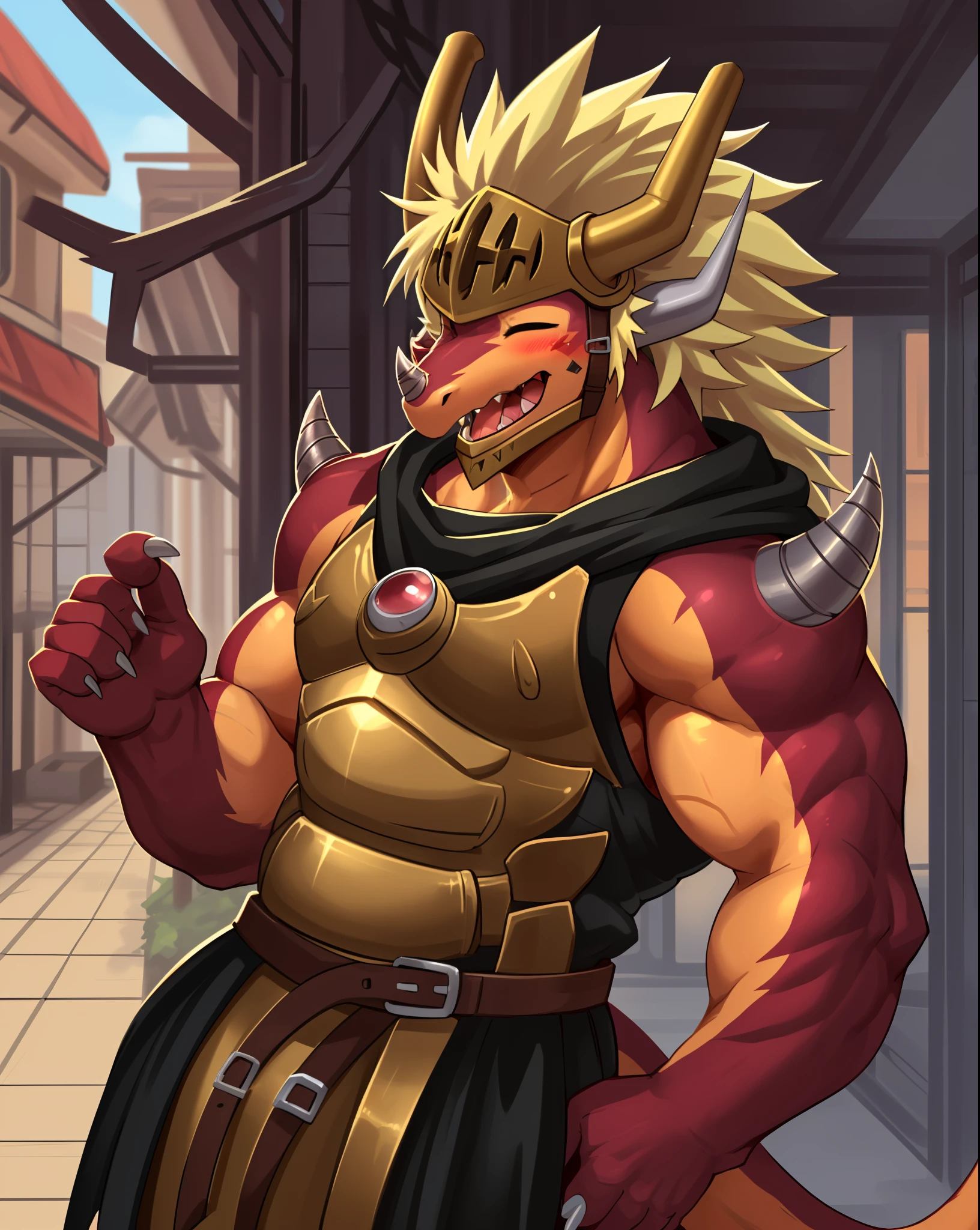 drum bunker dragon, helmet, anthro, dragon, male, armor, solo, horn, claws, scalie, blonde hair, muscular,
bust portrait, one eye closed, laugh, blush,
kemono, detailed background