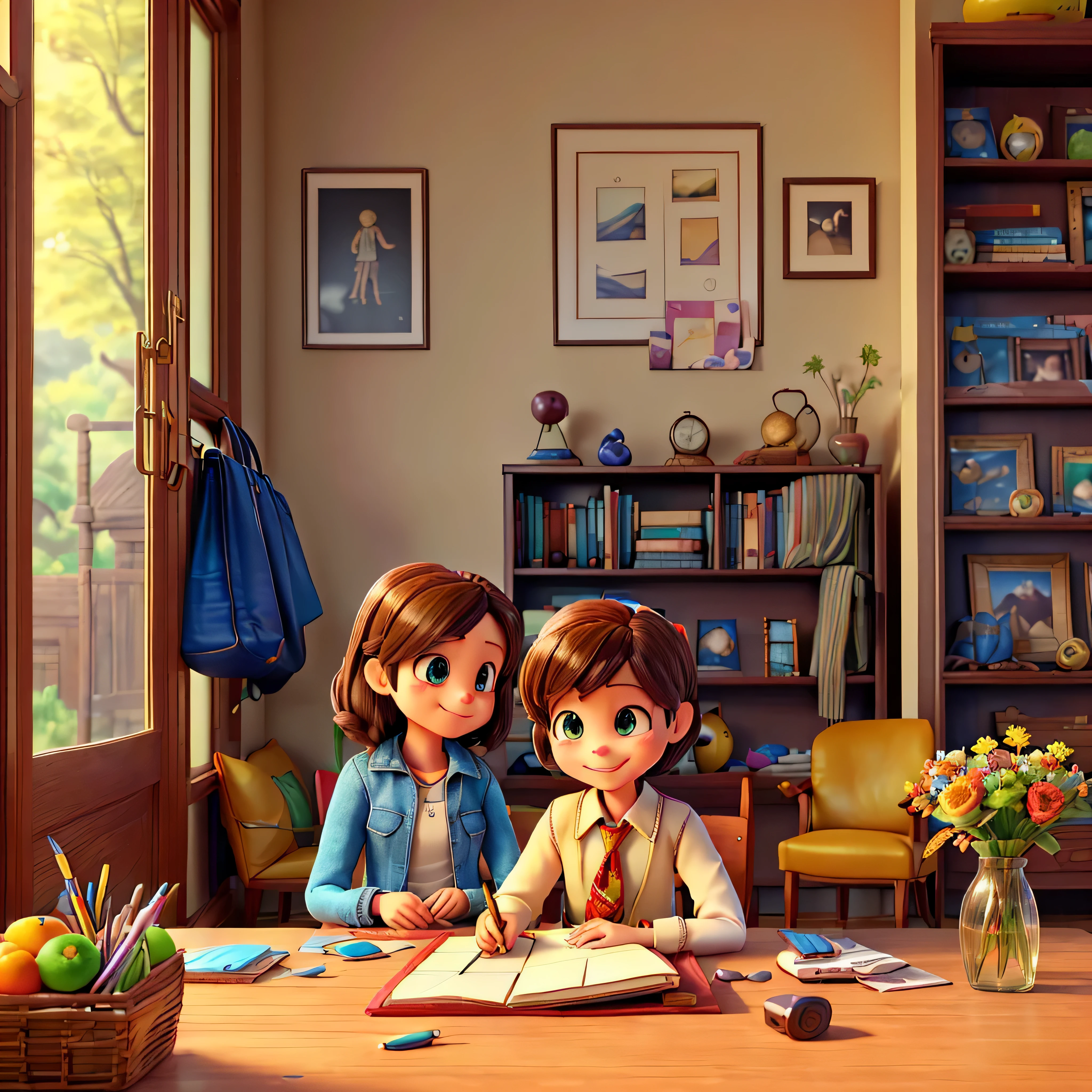 (epic Masterpiece, ultra highest quality, ulra highest resolution, ulra high-definition, distinct_image, very elaborate CG, cinematic lighting, ray tracing, drop shadows, detailed detail, (photorealistic: 1.4), ultra high quality textures, fine-grained, realistic face expression): (lone girl, face is Japan, brown short hair, small size breasts, sparkling eyes, Eye level shot, happy smile, beauty, slim body, holiday, own room, console game, computer, display, keyboard, mouse, long leather skirt, collared shirt, leather vest, handgun holder, carrying leather bag on your back, long boots, antique radio, coffee, model train, bookshelf, spacious yellowchair, Pots, fans, paintings, stuffed animals, ties, notebooks, stationery, vases, photo frames, letters, fountain pens, calendars, lamps, cushions, baskets, mirrors reflecting in profile, candles, telephone, fruit, newspapers, sweets, city Eiffel view outside the window frog) varied multi etc. --v6 --s1000 --c20 --q5 --chaos100
