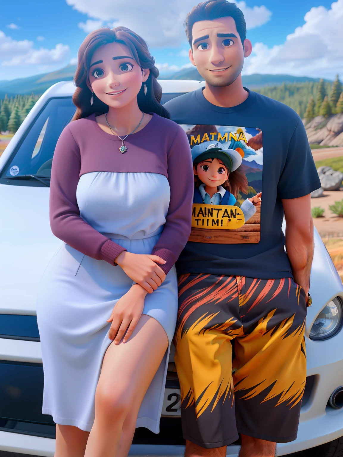 Um casal em uma paisagem montanhosa na frente de um carro branco 