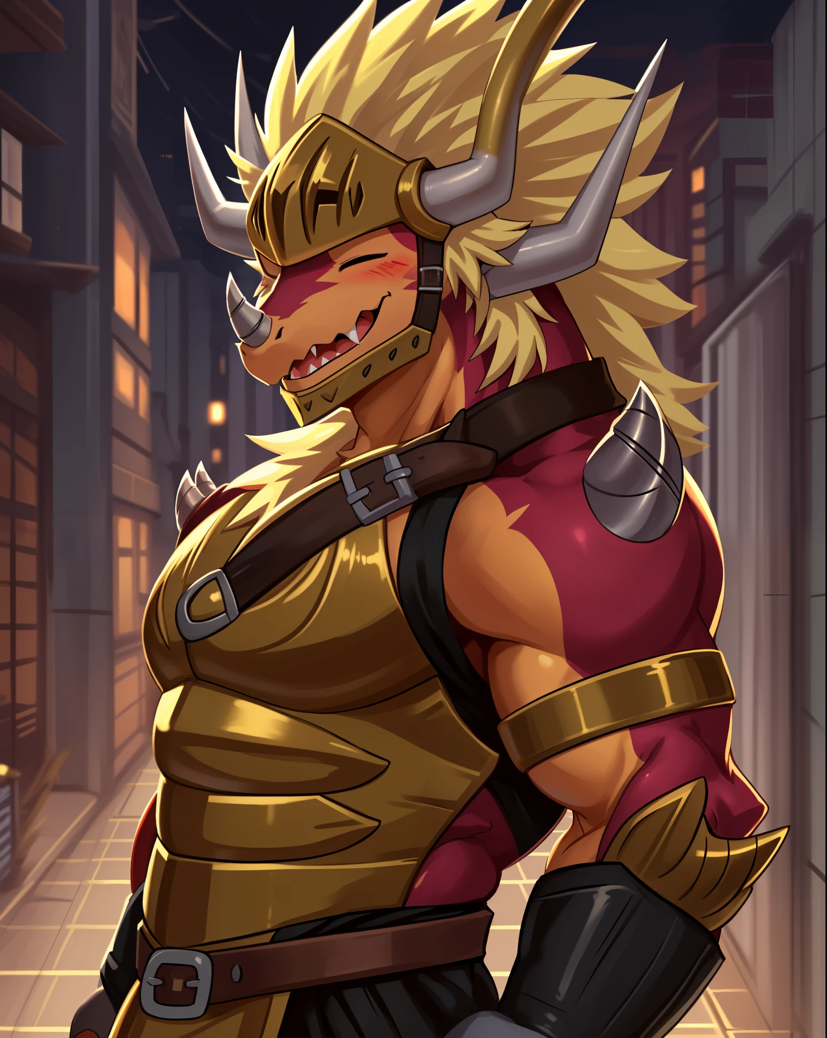 drum bunker dragon, helmet, anthro, dragon, male, armor, solo, horn, claws, scalie, blonde hair, muscular,
bust portrait, one eye closed, laugh, blush,
kemono, detailed background