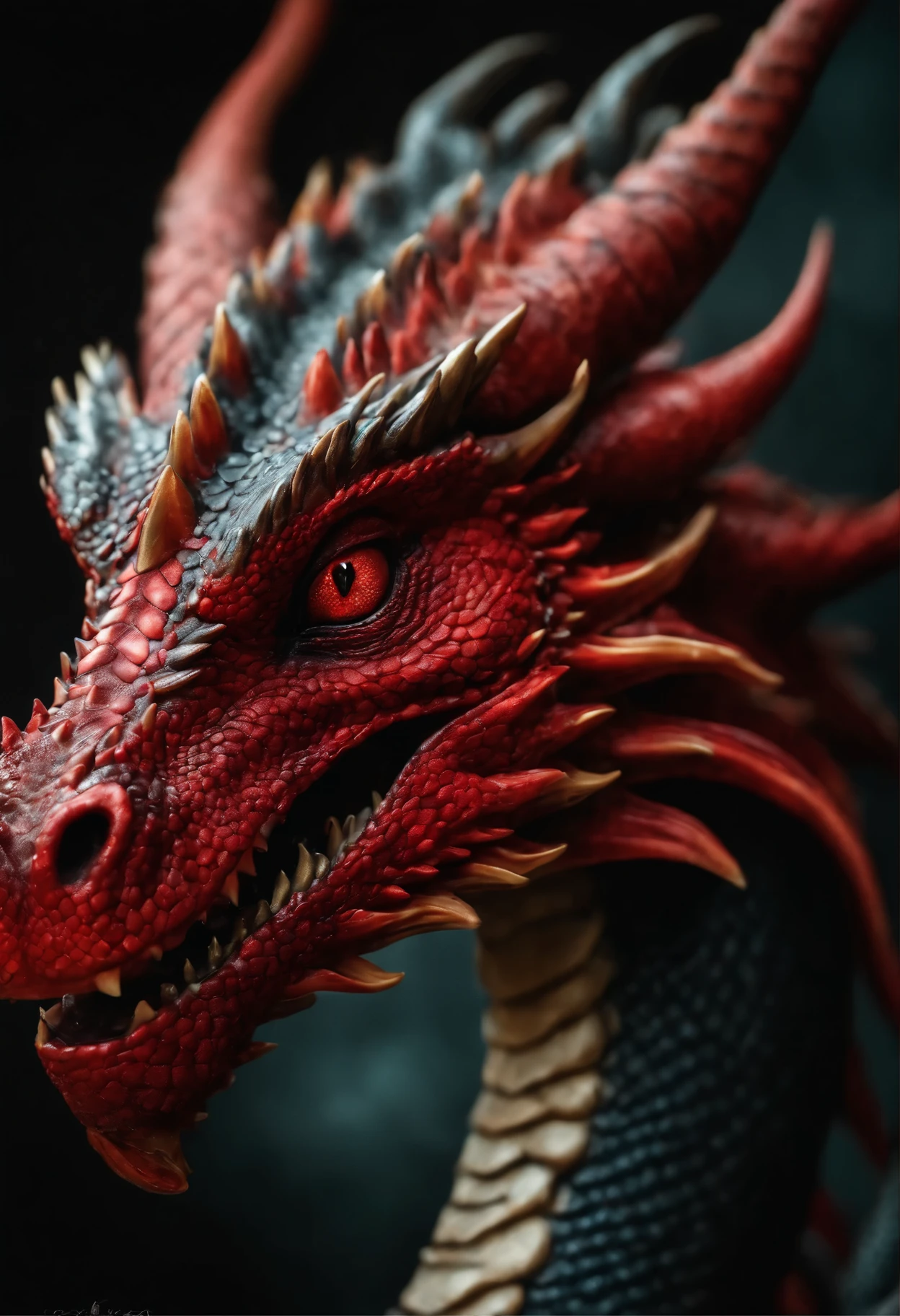 Close-up of a dragon with a long tail with a red face, dragon portrait, Portrait of a dragon, soft delicate draconic features, A red dragon, Red Dragon, sportrait