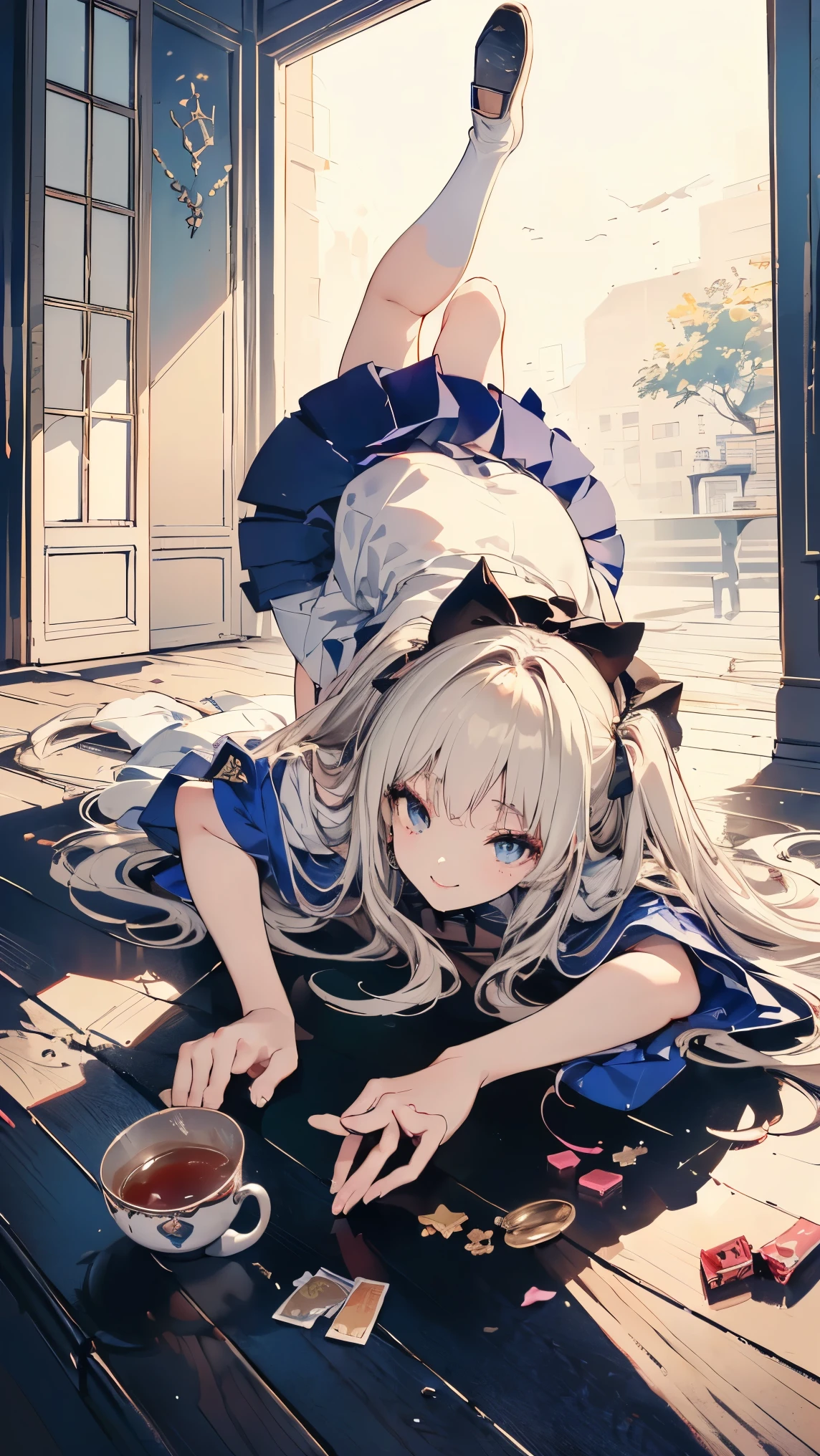 (master piece, high-quality, Mystical, long legs:1.2, ideal ratio of body proportions), (ultra high resolution, 8K RAW photo, photorealistics, natural lighting, textile shading), long shot photo:1.6, (1 beautiful anime girl:1.3, , solo:1.6, milf:1.5, nsfw:1.25, full body:1.3), shinny skin, BREAK, ((alice in the wonderland:1.3, cute, kawaii, lovely, funny, a girl falling down from sky:1.7, girl flying in sky:1.75, girl floating in air:1.3, rolling up skirt by wind:1.5, (full smiling:1.3), surprised, putting hands on crotch over the skirts:1.35)), BREAK, ((floating things as follows, PlayingCards, Trump, tea cup, tea pot, tea spoons, small clock:1.3, lip sticks, candies:1.2, cookies, jam bottles, classical door_keys)), ((purply_Blue dress :1.5, wearing long flaired skirt:1.3, the skirt is blowing:1.3, White Apron, white stockings)), (medium long platinum-blonde hair:1.2, twin tail hair:1.6, tied hair with a large ribbon), (Blue eyes, bright pupils with highlights, detailed eyes), (lying down on your back:1.6, leaning backward:1.2, spreading legs with rising up straight:1.5), ((dutch angle:1.5, full body:1.3, ass focus:1.3, from below:1.5, unbalance posture)), fantastic colorful art, (fantasy image:1.5), ((correct anatomy:1.5, perfect anatomy:1.3, correct hand, small foot:1.2)),