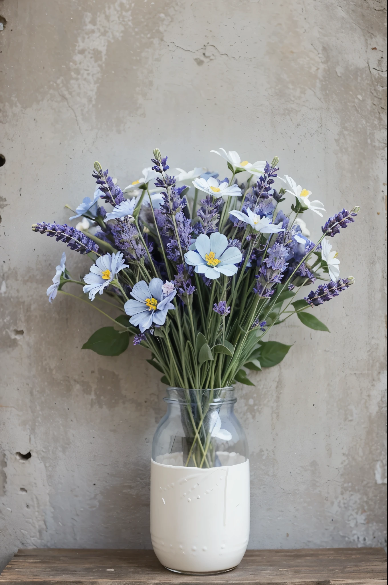 Painting of bunch of blue, lavender, white and pink flowers 