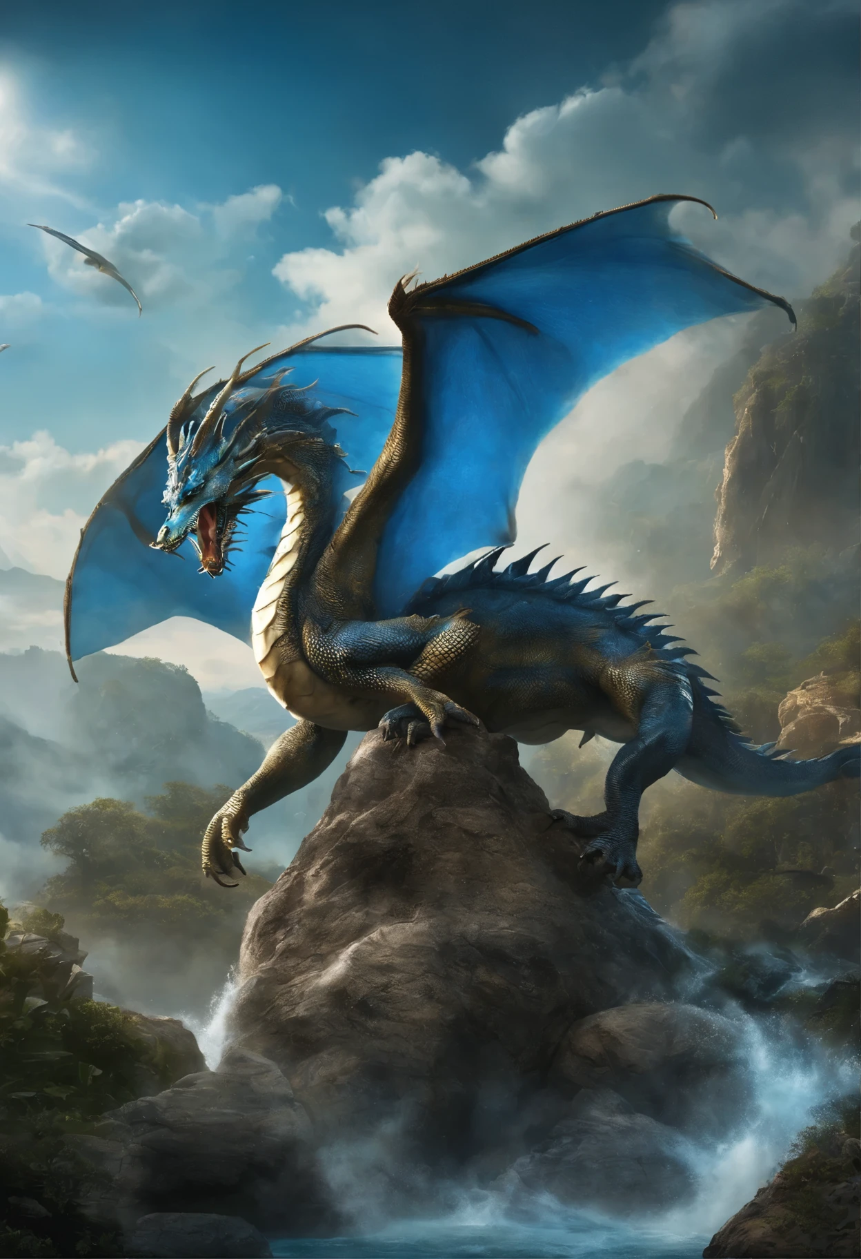 (Handsome boy riding a dragon),Play the flute with your eyes closed,The blue water dragon surrounded him,corrugation,The air is filled with water droplets,Cloud effects:1.5,Elongated dragon body,elevation,Faraway view,super detailing,best qualtiy,tmasterpiece,8K,Extremely detailed,Epic artwork