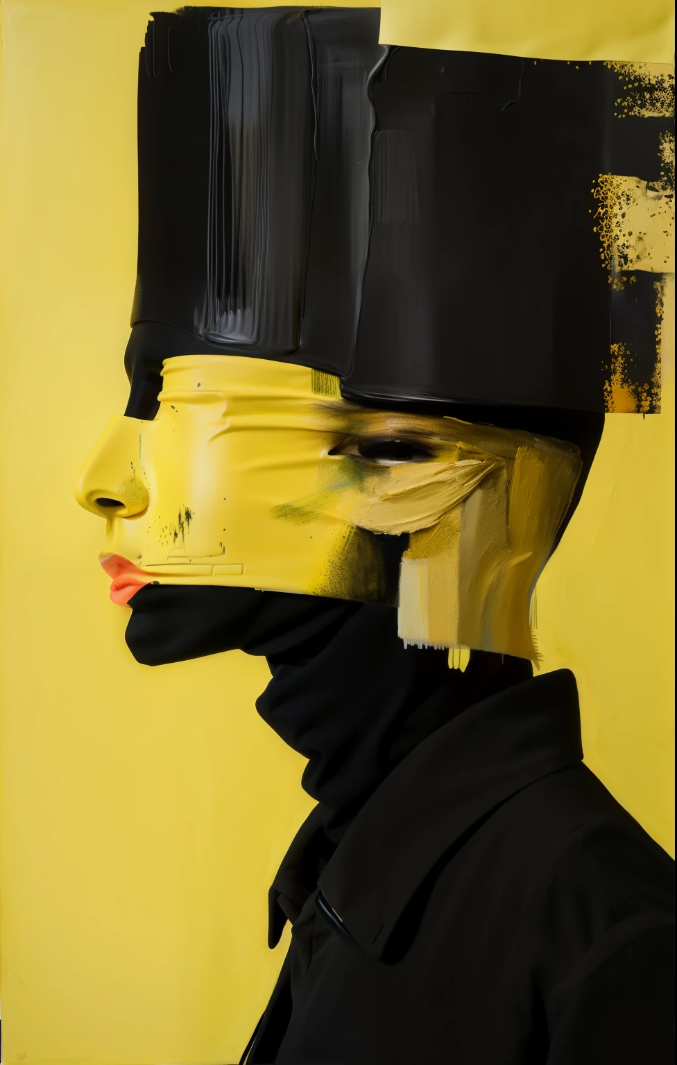 a closeup of a person wearing a black and yellow mask, surrealista negro y amarillo, retrato abstracto, A contemporary artistic collage, Retrato hecho de pintura, colores negro y amarillo, la locura del monoamarillo, laca sobre lienzo, cabeza cubierta
