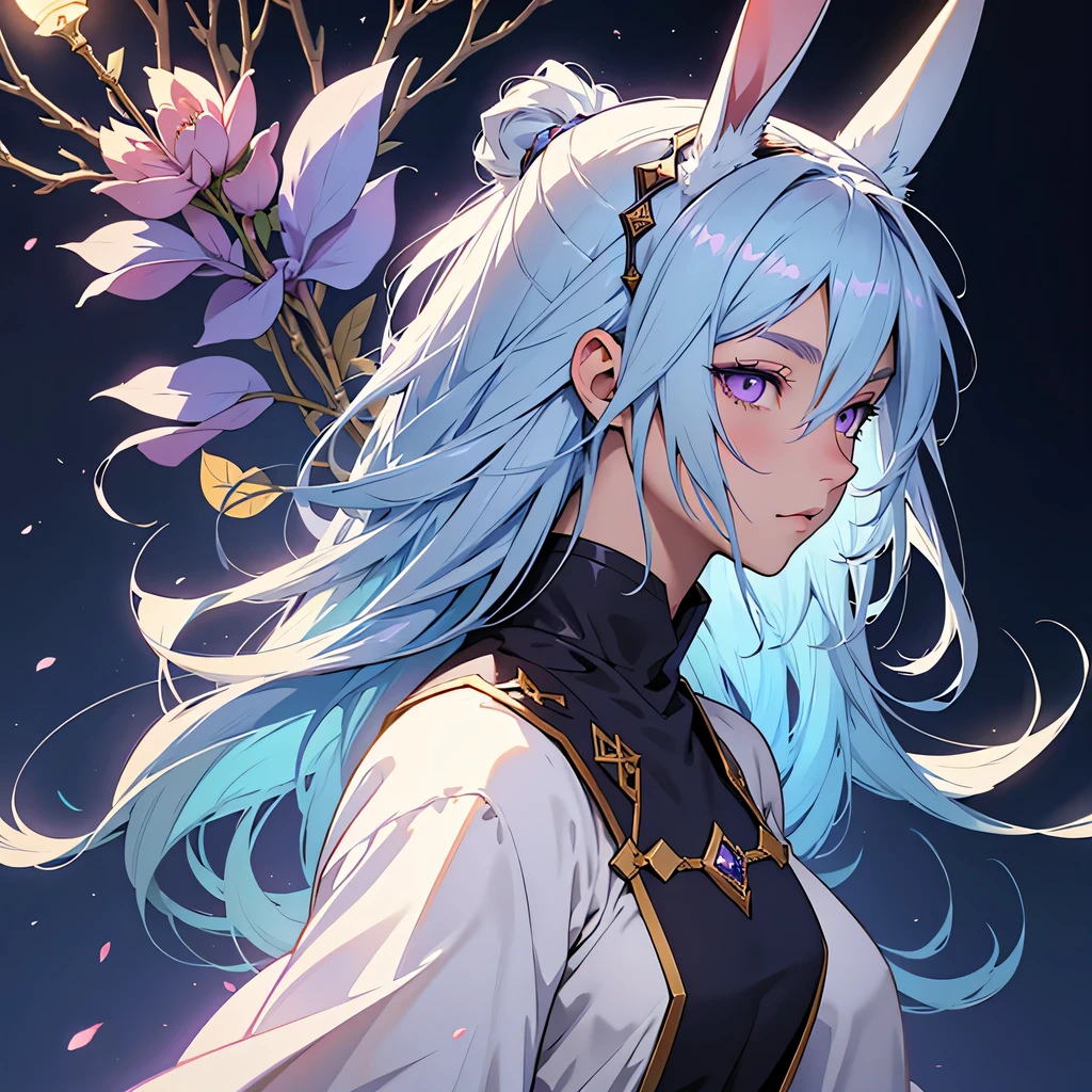 medieval anime art, masterpiece, best quality, by professional artist, female, solo, portrait, profile, detailed composition, detailed eyes, white background, light blue hair, 2 bunny ears, innocent, wizard, magical clothes, young, purple eyes