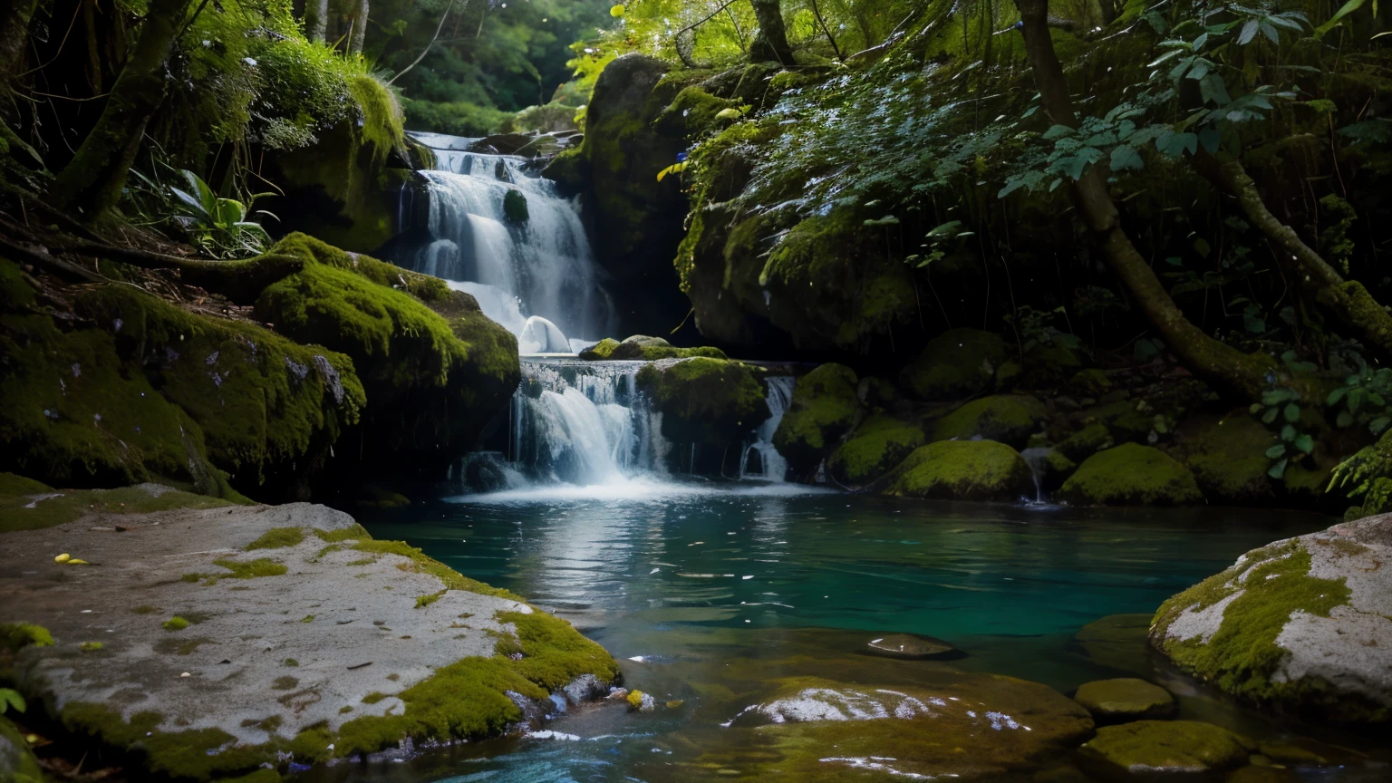 ultra realistic image with 30mm camera of a small waterfall, transparent blue water, com grama verde, lodo, muitas flores, dia ensolarado.
