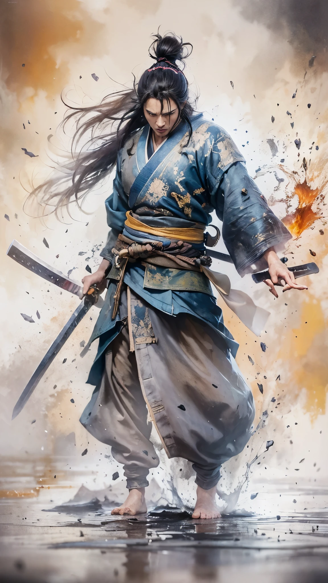 A samurai, eyes filled with angry, (full body:1.8), (Masterpiece), Long flowing black hair, dramatic pose, (Abstract propylene splash:1.2), simple watercolor background, (realisticlying:1.4), high resolution, RAW photograph, Nikon D850 Film Stock Photo by Jefferies Lee, Rich colors, ultra-realistic vivid textures, Dramatic lighting, Unreal Engine Art Station Trend,