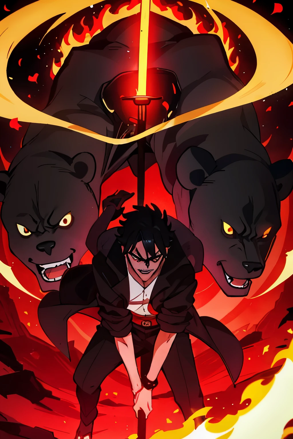 You are a valiant hero, a guardian of peace and justice in a realm where love is the most precious treasure. One fateful day, you encounter a villainous foe named Kuro, who aims to obliterate all that love represents. Wielding the elemental power of fire, Kuro brandishes a fiery sword as his deadly weapon. His visage is shrouded in darkness and evil, and a haunting red heart emblem adorns the surface of his ominous jacket. Unprepared, you are taken aback as Kuro bears an uncanny resemblance to your beloved former love, Yuki, whom you lost in a tragic accident several years ago.
As