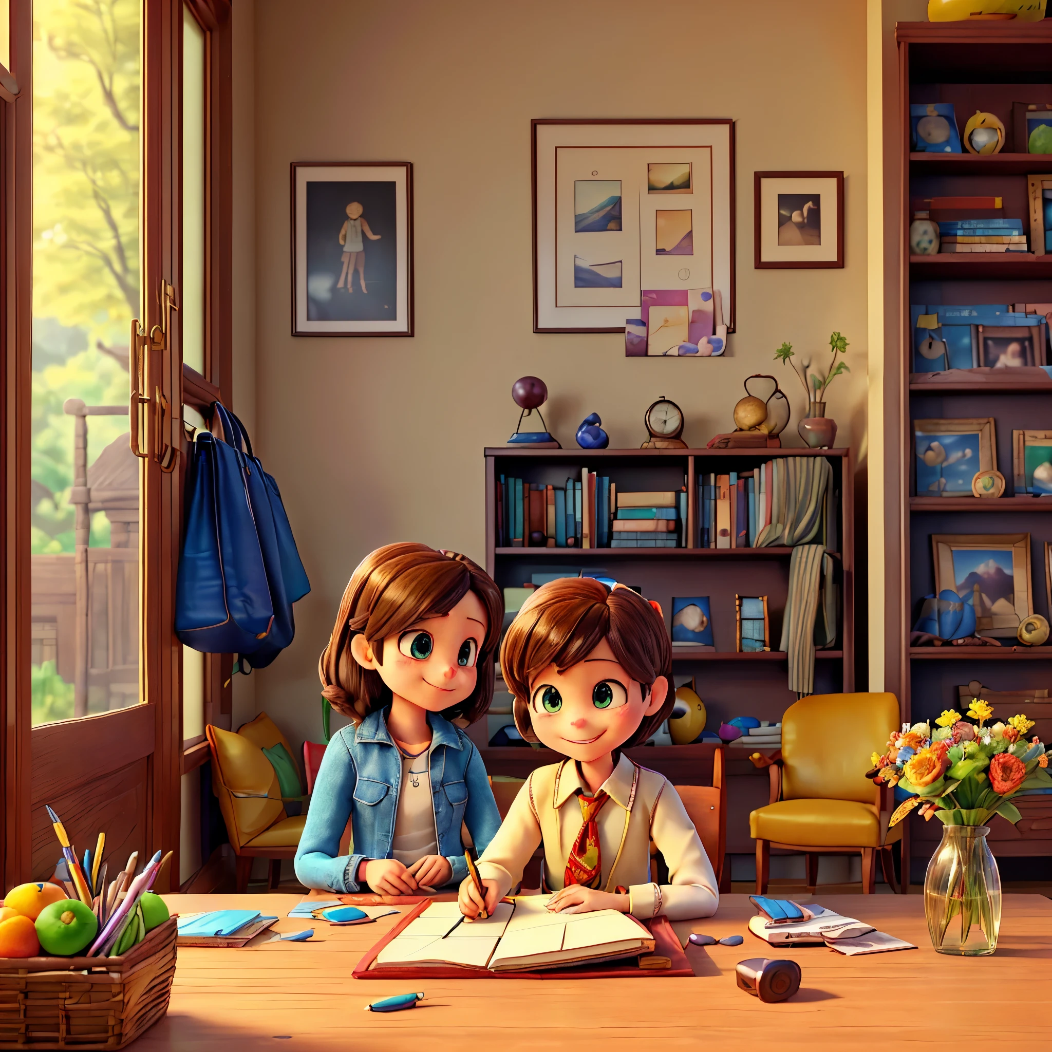 (epic Masterpiece, ultra highest quality, ulra highest resolution, ulra high-definition, distinct_image, very elaborate CG, cinematic lighting, ray tracing, drop shadows, detailed detail, (photorealistic: 1.4), ultra high quality textures, fine-grained, realistic face expression): (lone girl, face is Japan, brown short hair, small size breasts, sparkling eyes, Eye level shot, happy smile, beauty, slim body, holiday, own room, console game, computer, display, keyboard, mouse, long leather skirt, collared shirt, leather vest, handgun holder, carrying leather bag on your back, long boots, antique radio, coffee, model train, bookshelf, spacious yellowchair, Pots, fans, paintings, stuffed animals, ties, notebooks, stationery, vases, photo frames, letters, fountain pens, calendars, lamps, cushions, baskets, mirrors reflecting in profile, candles, telephone, fruit, newspapers, sweets, city Eiffel view outside the window frog) varied multi etc. --v6 --s1000 --c20 --q5 --chaos100