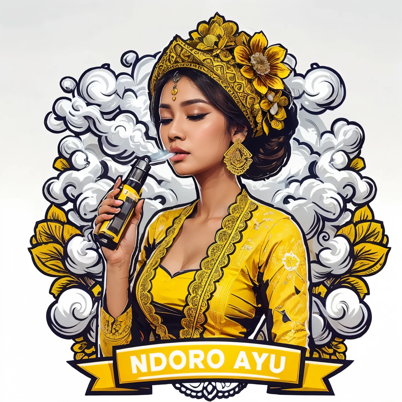 full color logo a full body of a javanesse girl with yellow kebaya, with vape and cloud, exhale cloud from mouth, white lighting, with name tag "NDORO AYU", bas-relief, white background
