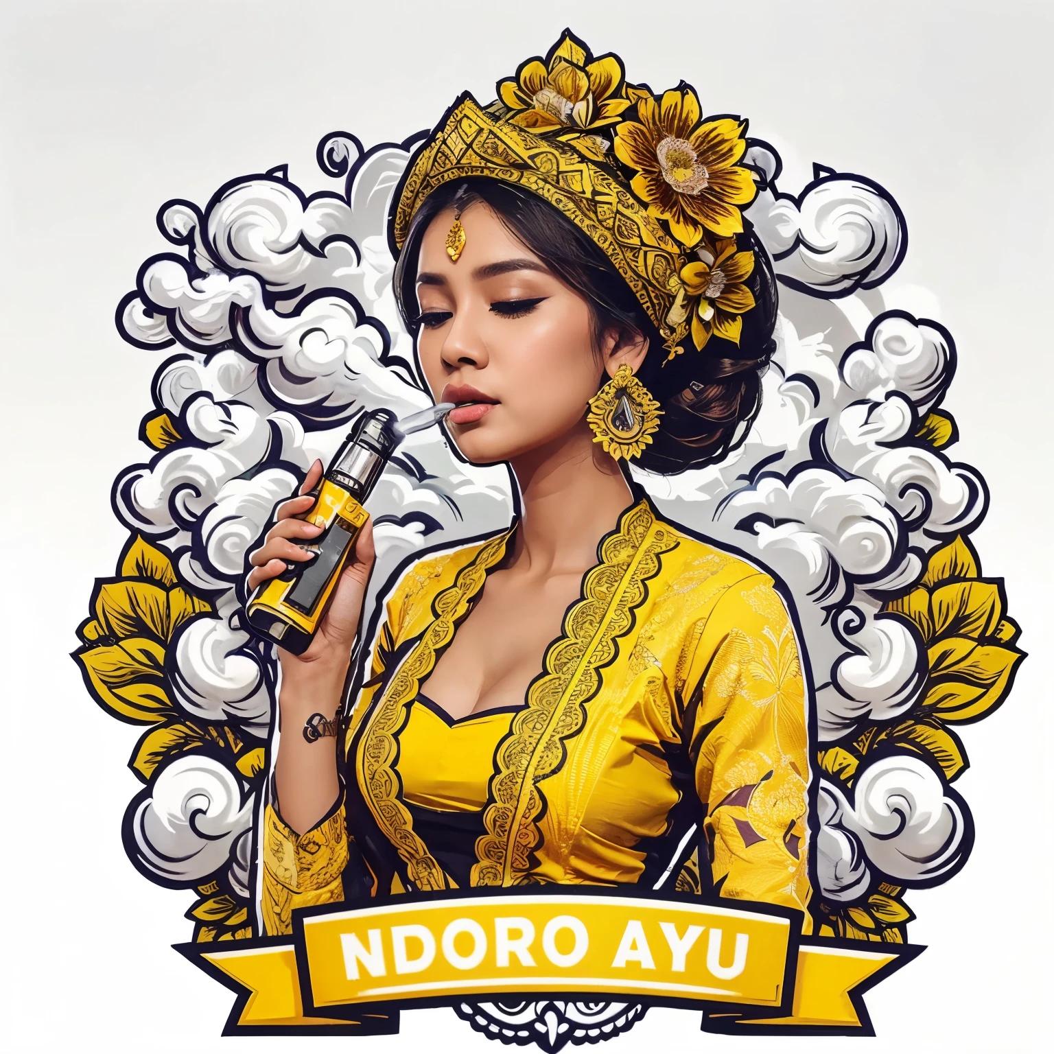 full color logo a full body of a javanesse girl with yellow kebaya, with vape and cloud, exhale cloud from mouth, white lighting, with name tag "NDORO AYU", bas-relief, white background