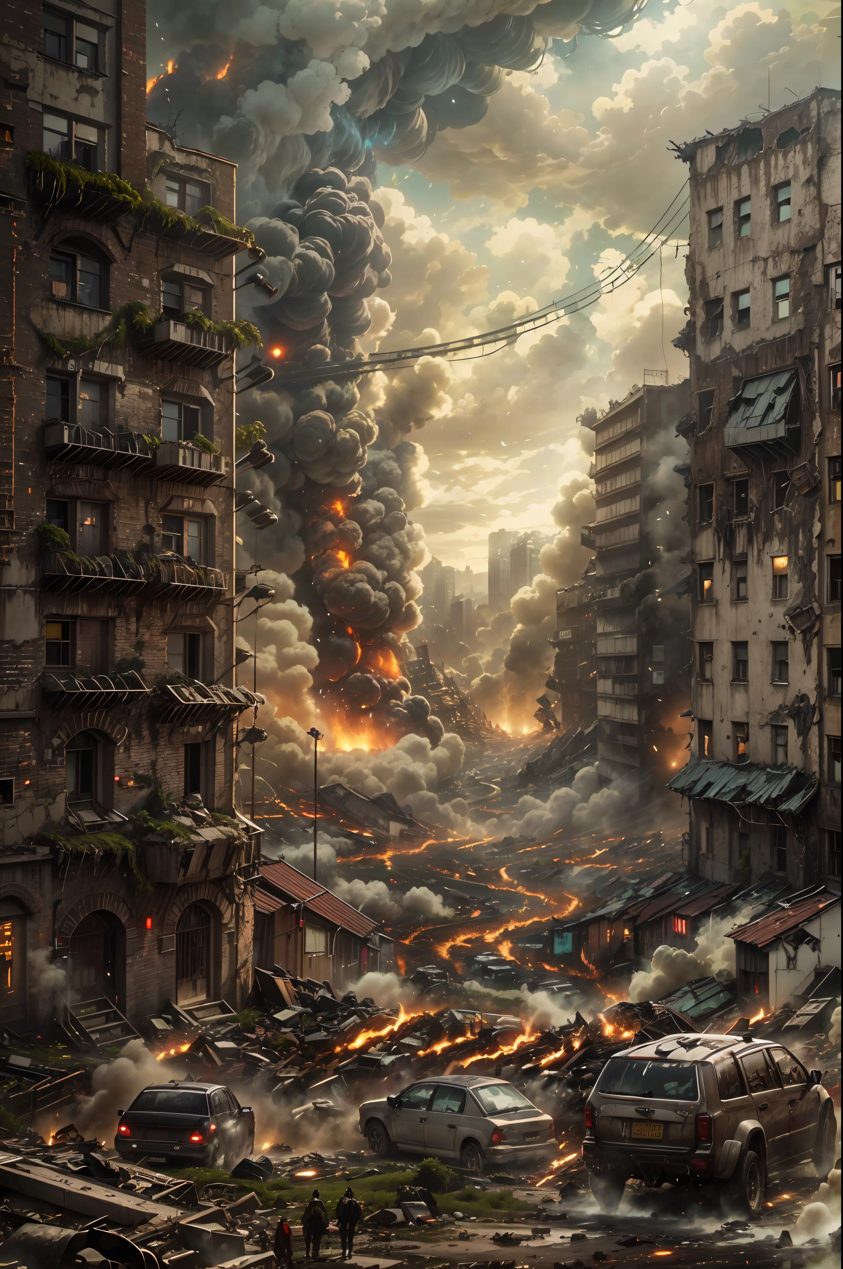 The AI-generated prompt is:
"melhor qualidade,4k,8K,high resolution,obra de arte:1.2,ultra-detalhado,Realista:1.37,(Attack on Titan),Beast Titan destroying city,peludo,long arm,detailed destruction,apocalyptic scenario,detailed buildings,devastation,destructive force,emotional character,animistic appearance,post-apocalyptic landscape,Chaotic destruction,Movimentos expressivos,atmosfera sinistra,dystopian urban landscape,massive destruction,cidade mergulhada no caos,dramatic lighting,heavy smoke and debris,enorme criatura causando estragos,cores vivas,captivating composition"