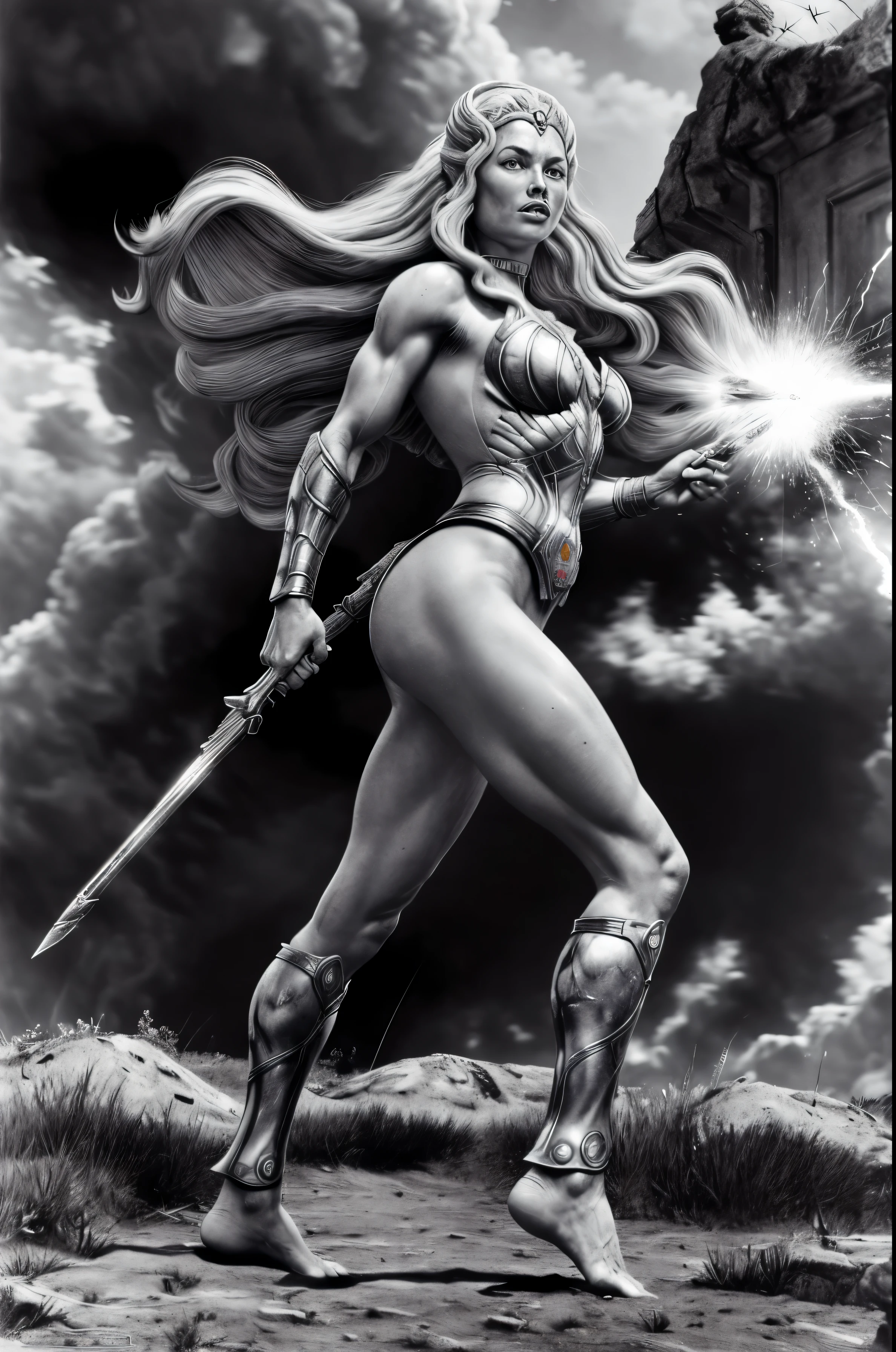 b&w photo ,(best quality:1.17), (highres:1.17), (detailed:1.15), low-angle (bare-feet:1.2) (skimpy) walking SheRaQuiron character, as ww1 soldier in germany 1girl, blue eyes, fierce, detailed-face, explosions, action, high saturation